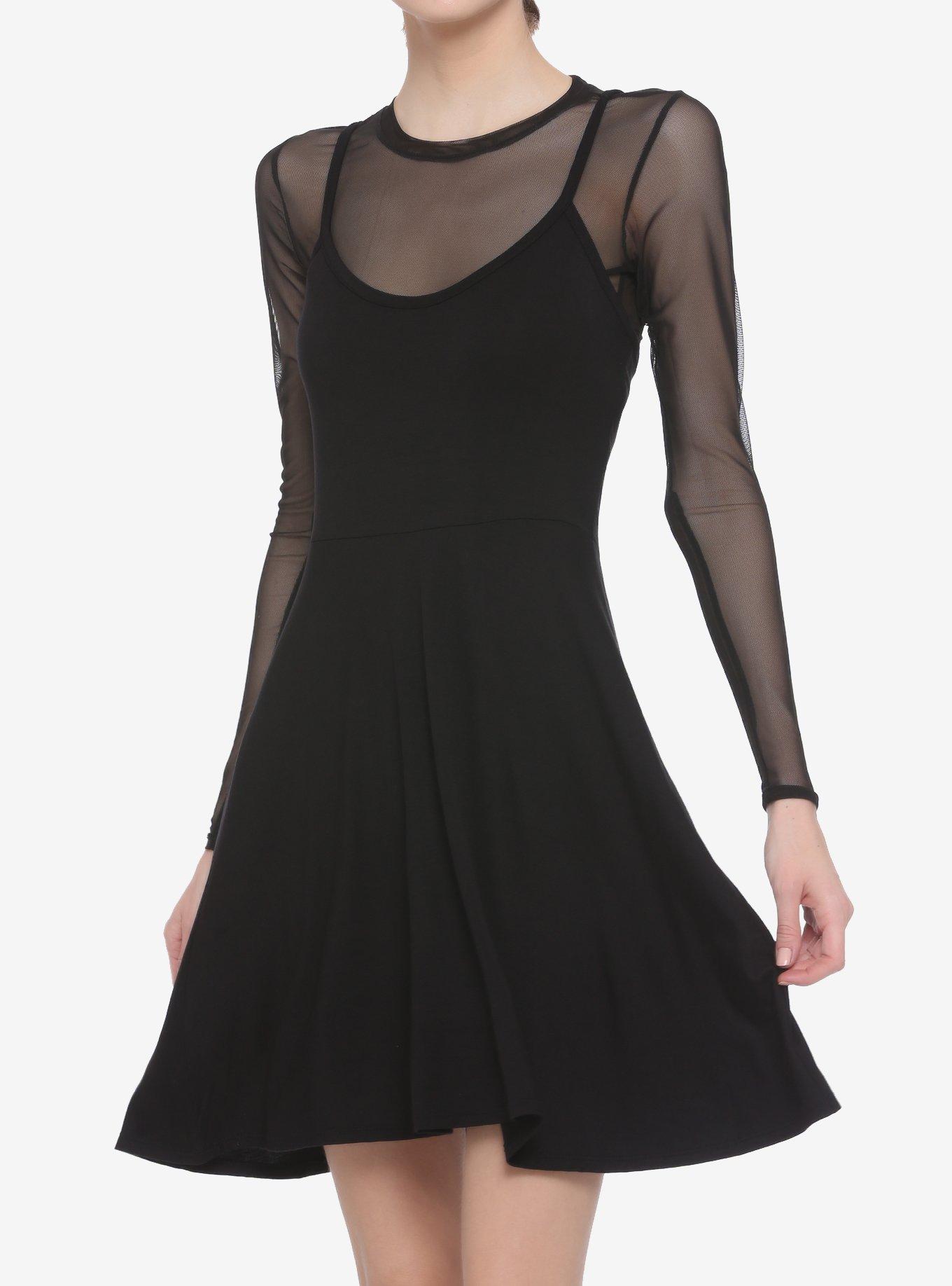 Black Mesh Layered Dress, BLACK, hi-res