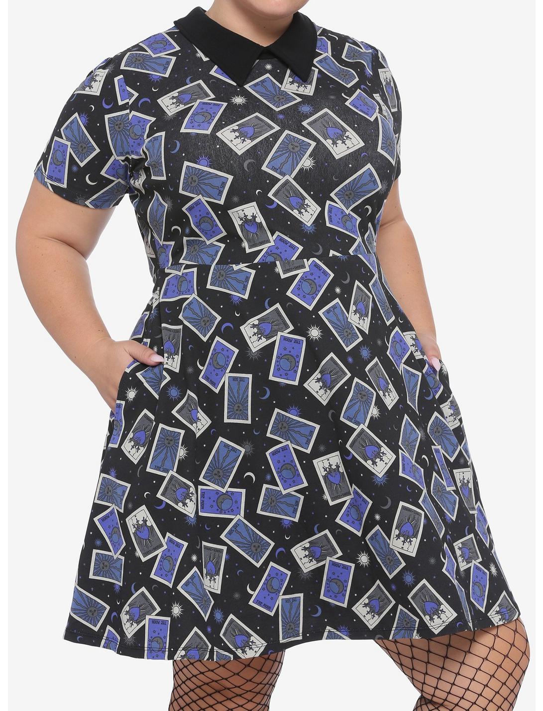 Black & Blue Tarot Cards Collared Dress Plus Size, MULTI, hi-res