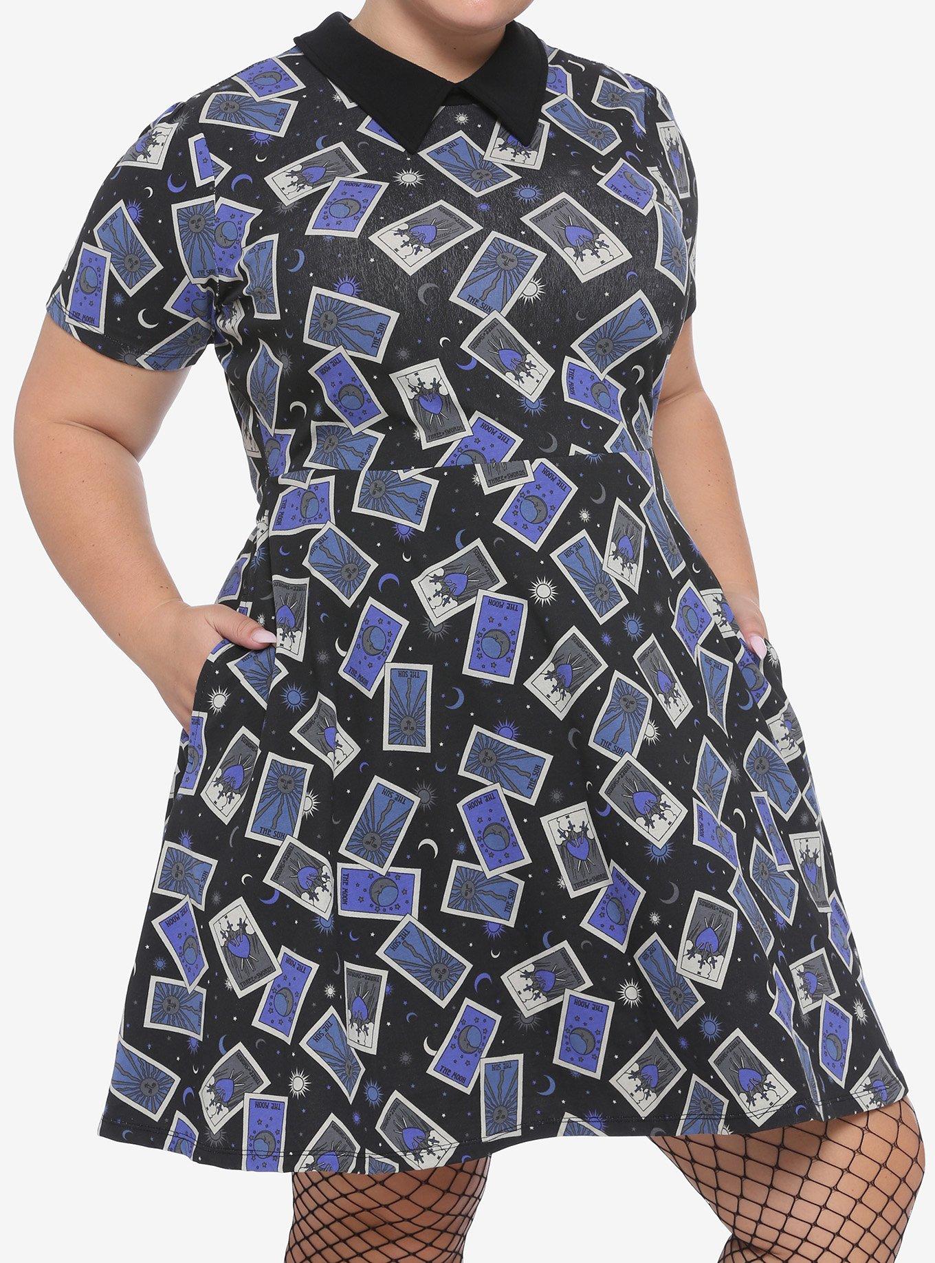 Black & Blue Tarot Cards Collared Dress Plus Size, MULTI, hi-res