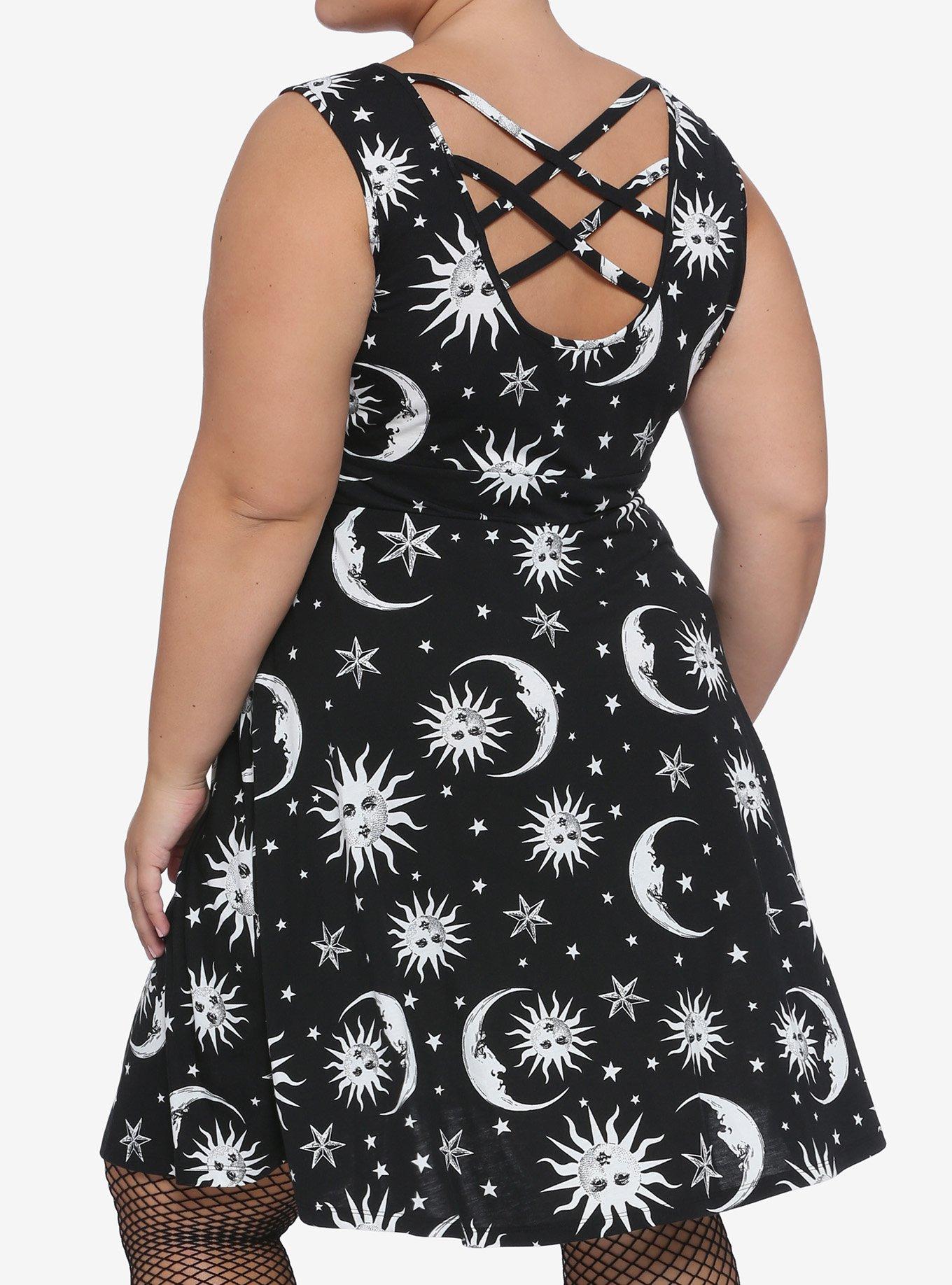 Black & White Celestial Strappy Back Dress Plus Size, BLACK  WHITE, hi-res