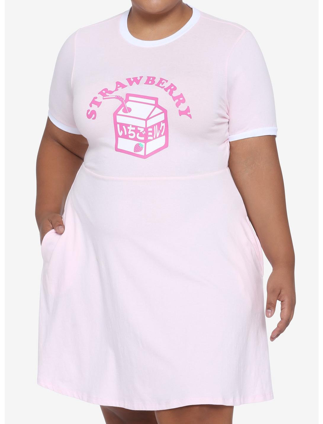 Strawberry Milk Carton Ringer T-Shirt Dress Plus Size, PINK, hi-res