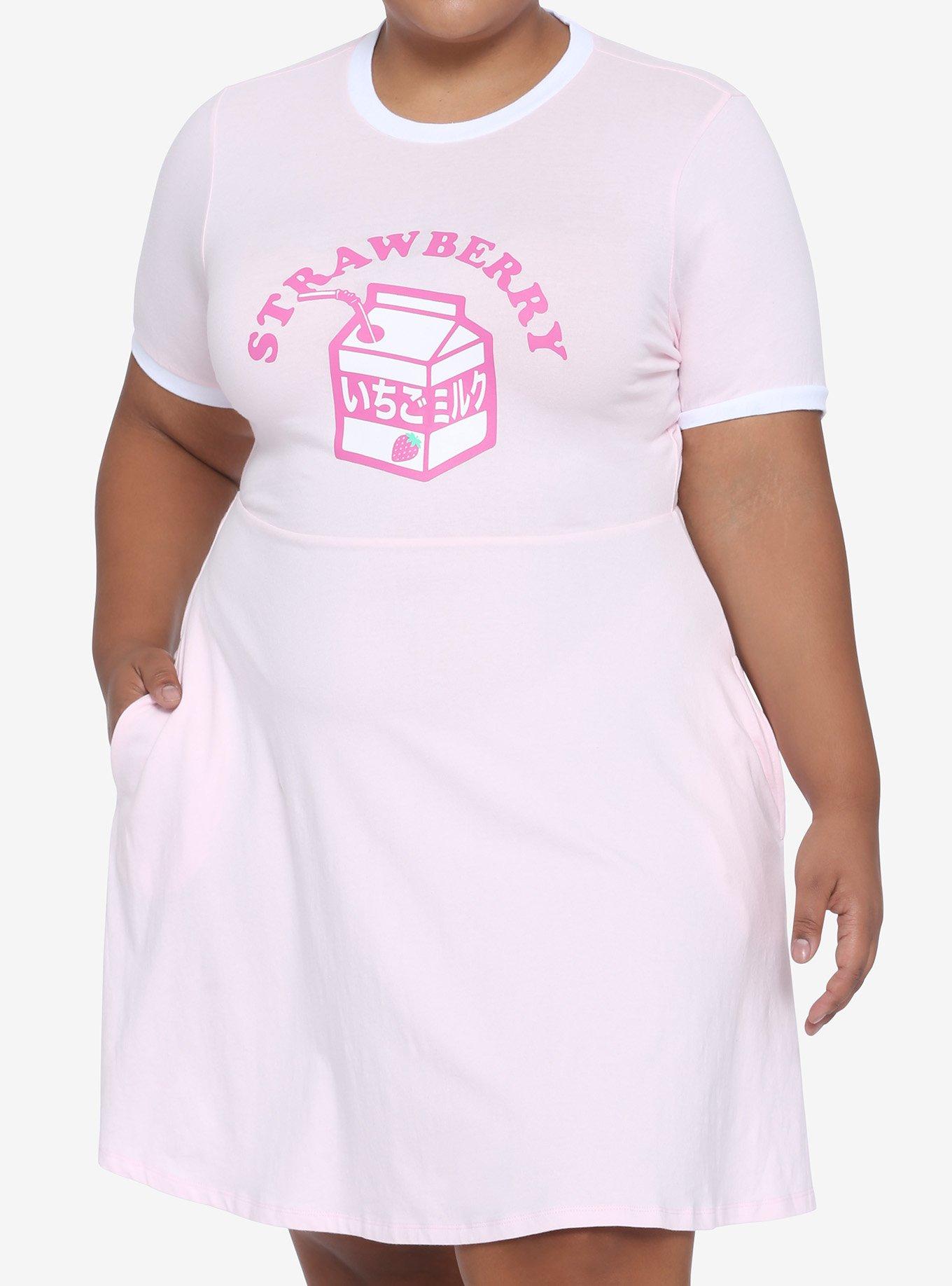 Strawberry Milk Carton Ringer T-Shirt Dress Plus Size, PINK, hi-res