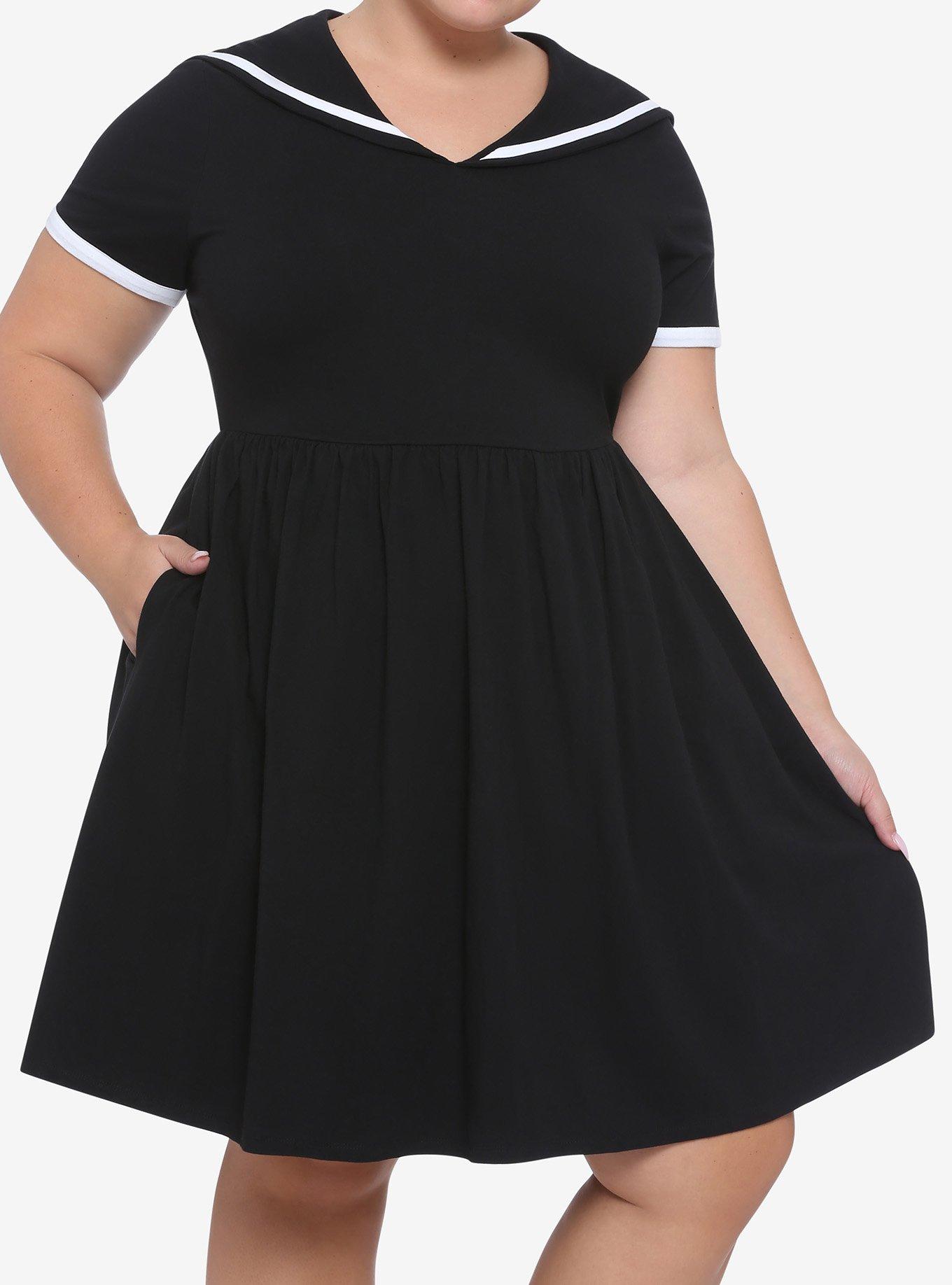 Black & White Sailor Skater Dress Plus Size, BLACK  WHITE, hi-res