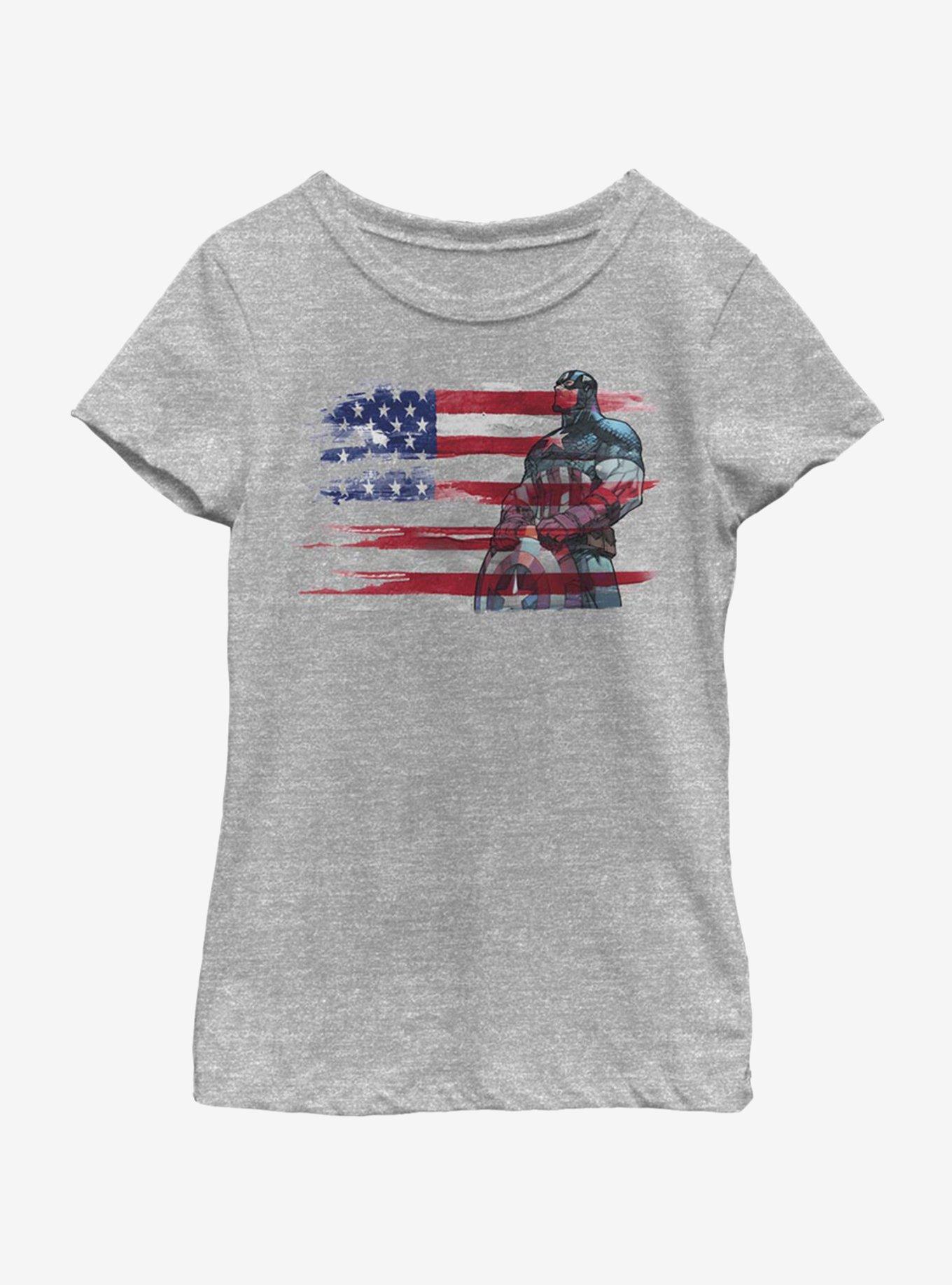 Marvel Captain America Watercolor Flag Youth Girls T-Shirt, ATH HTR, hi-res