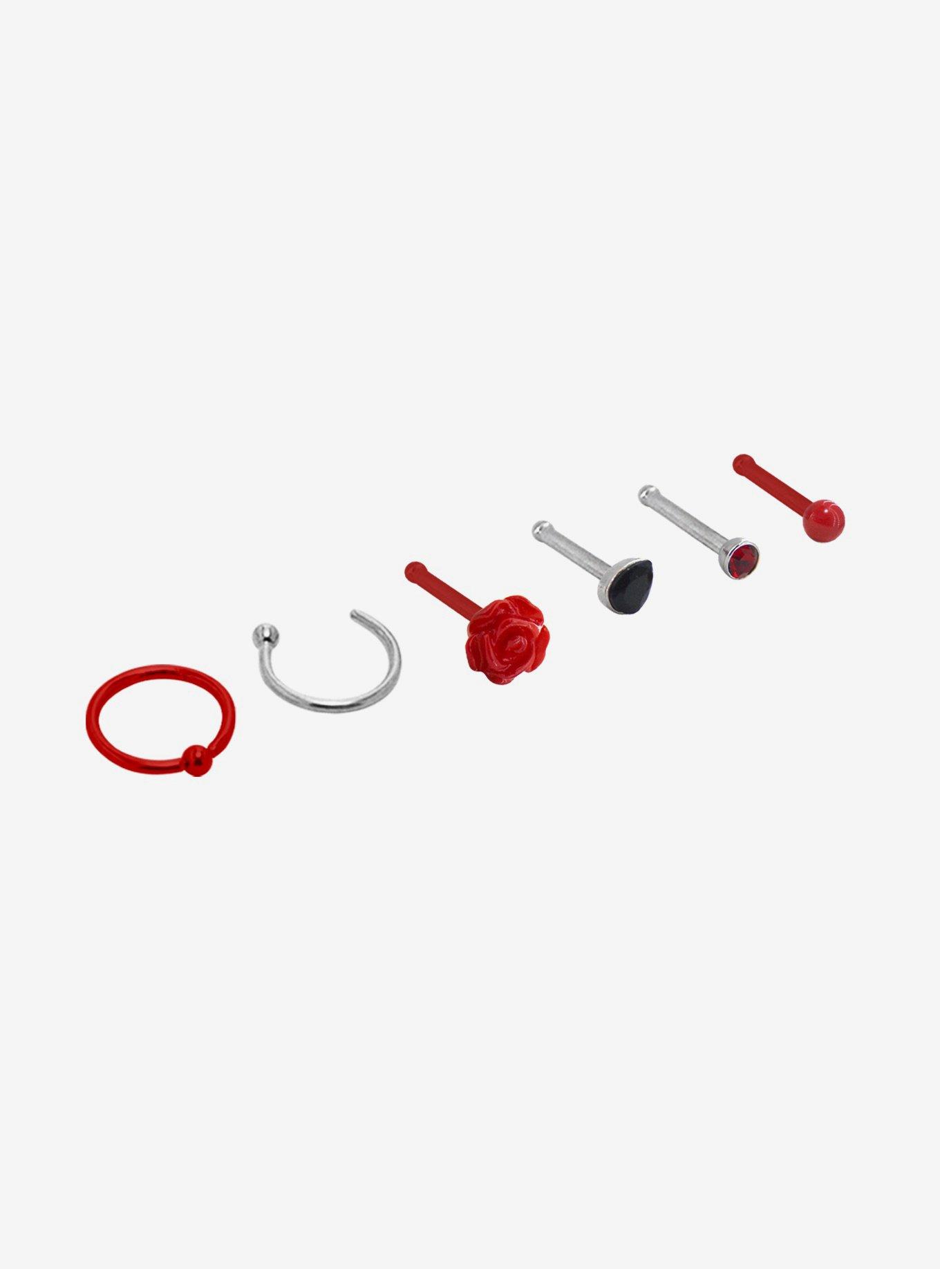 Steel Red Rose Nose Stud & Hoop 6 Pack, MULTI, hi-res