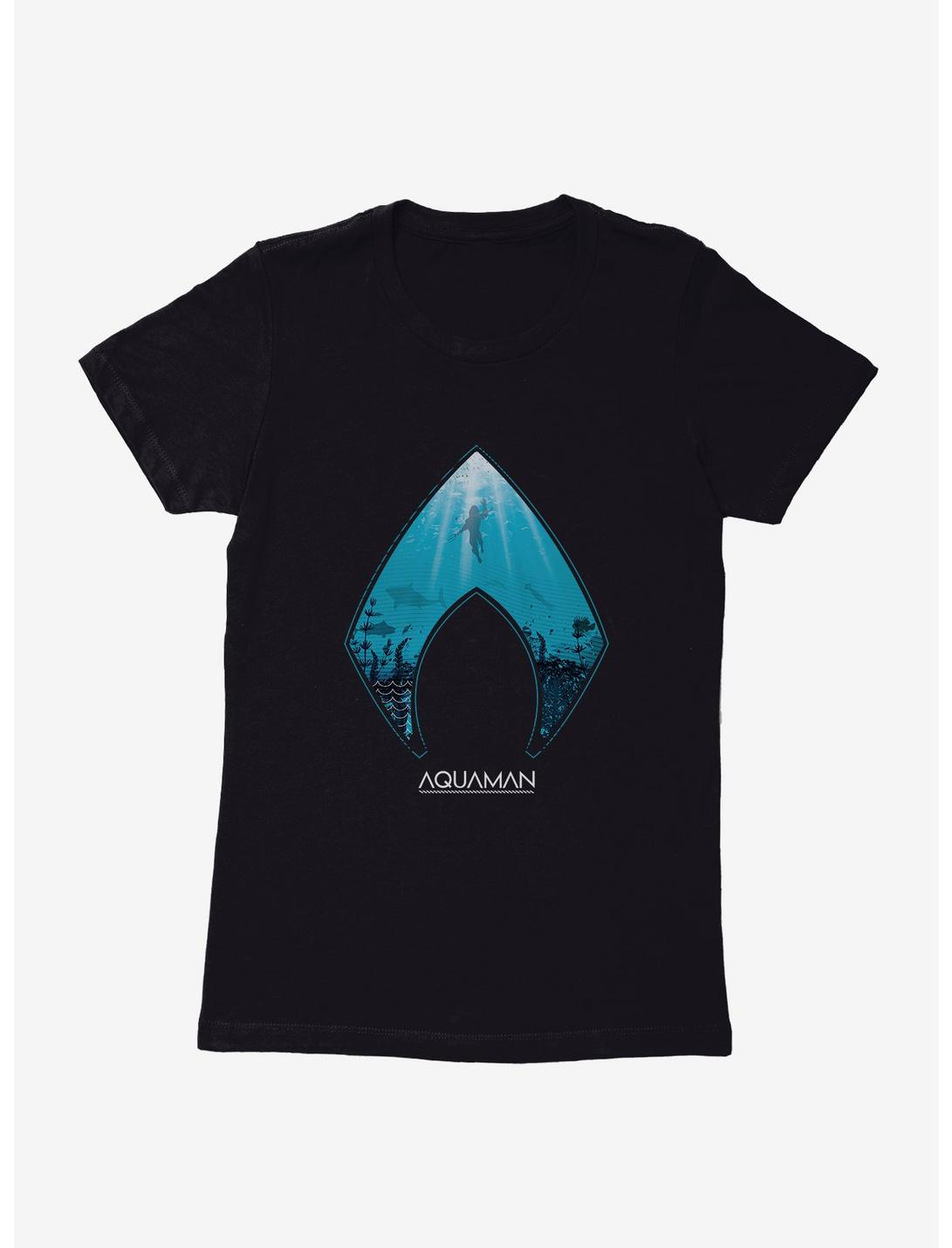 DC Comics Aquaman Icon Sea Background Womens T-Shirt, BLACK, hi-res