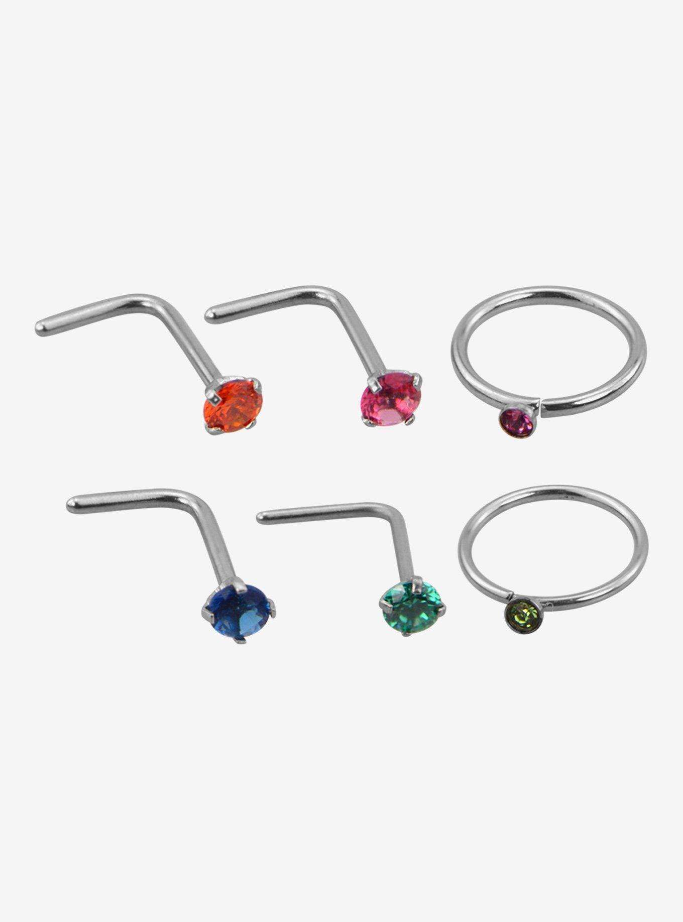 Steel Multicolor Gem Nose Stud & Hoop 6 Pack Hot Topic