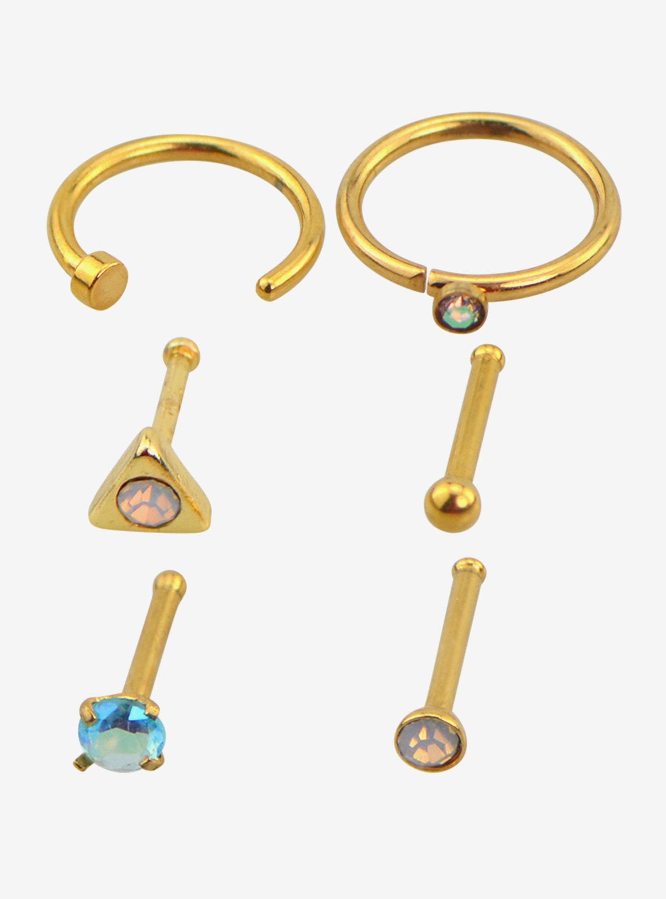 Steel Gold & Gems Nose Stud & Hoop 6 Pack, MULTI, hi-res
