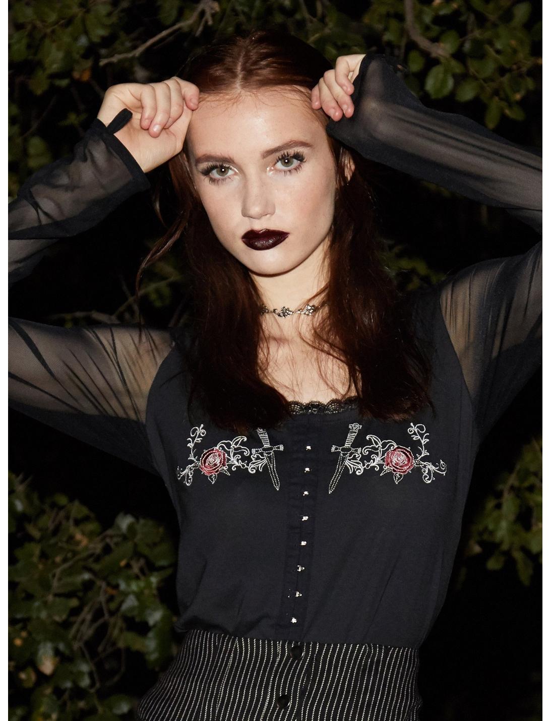 The Craft Dagger Rose Sheer Sleeve Girls Top, BLACK, hi-res
