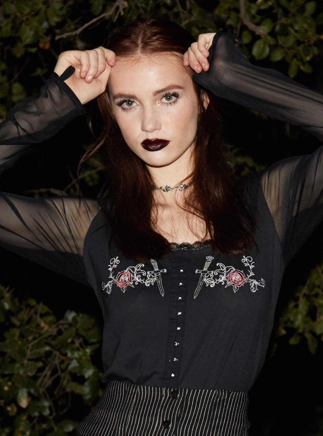 The Craft Dagger Rose Sheer Sleeve Girls Top, BLACK, hi-res