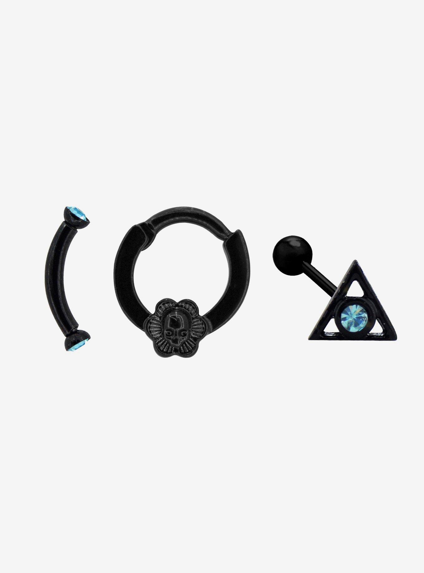 Steel Black & Turquoise Triangle & Skull Barbell 3 Pack, BLUE, hi-res
