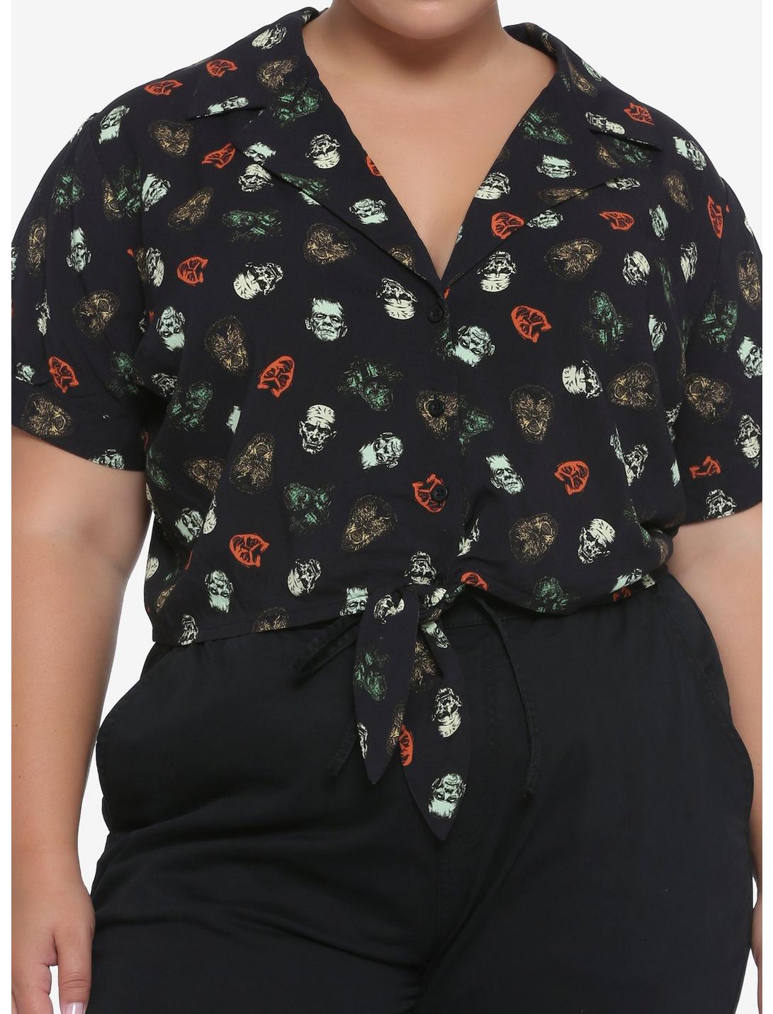 Universal Monsters Tie-Front Girls Woven Button-Up Plus Size, BLACK, hi-res