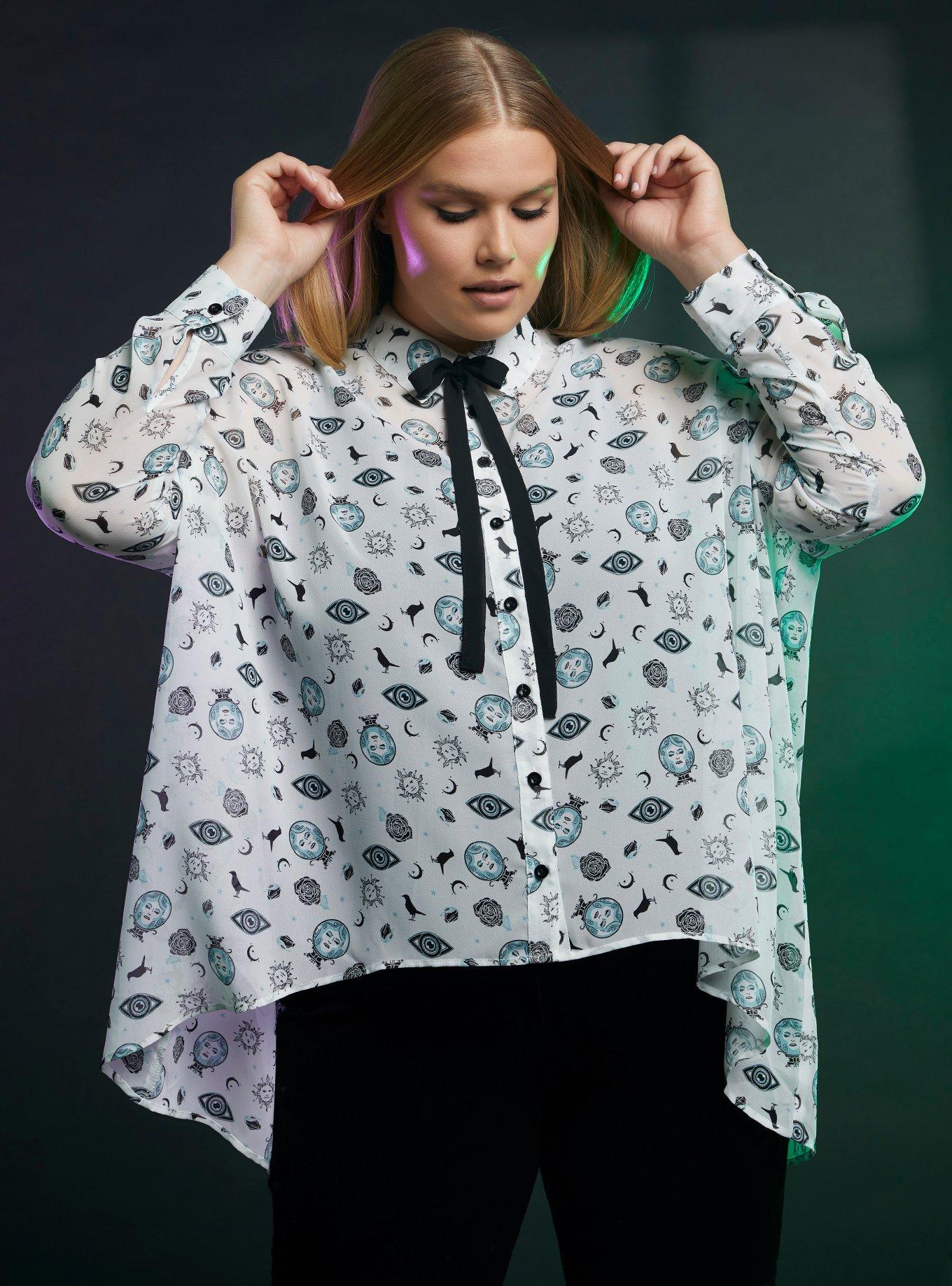 Her Universe Disney The Haunted Mansion Madame Leota Bow Tie Hi-Low Woven Button-Up Plus Size, MULTI, hi-res
