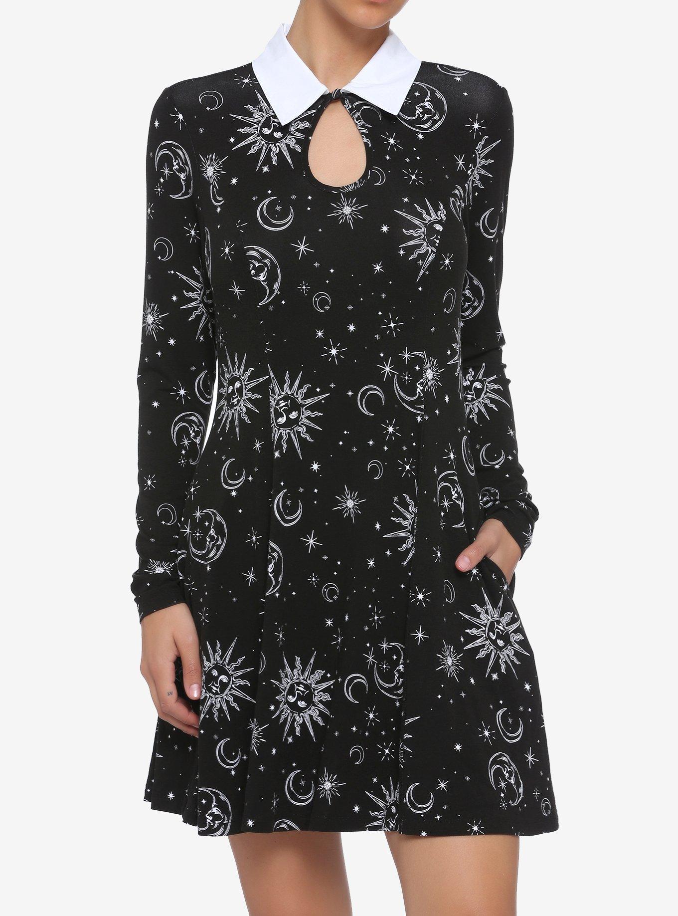 Black & White Celestial Keyhole Long-Sleeve Collared Dress, BLACK  WHITE, hi-res