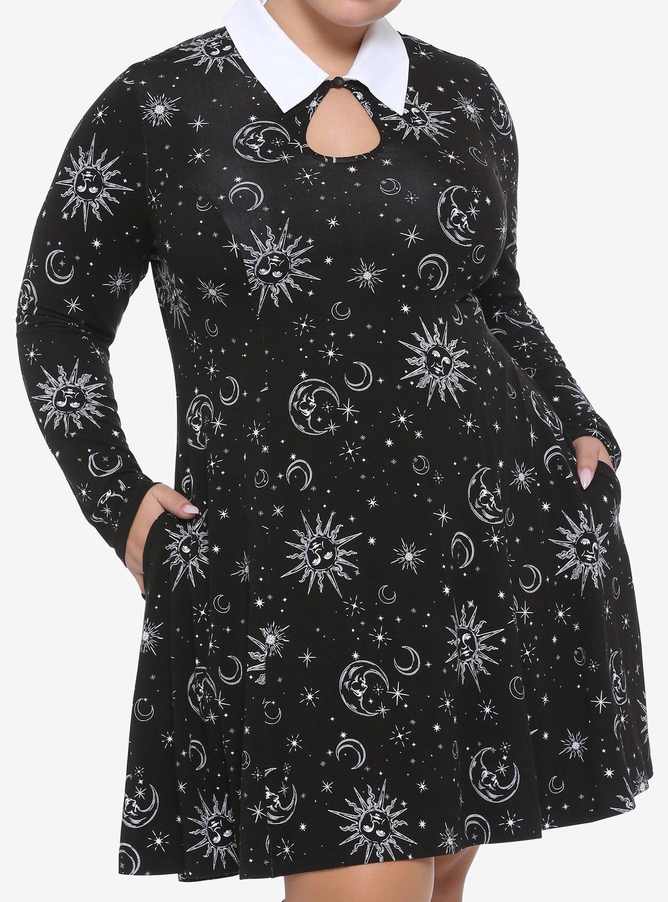 Black & White Celestial Keyhole Long-Sleeve Collared Dress Plus Size, BLACK  WHITE, hi-res