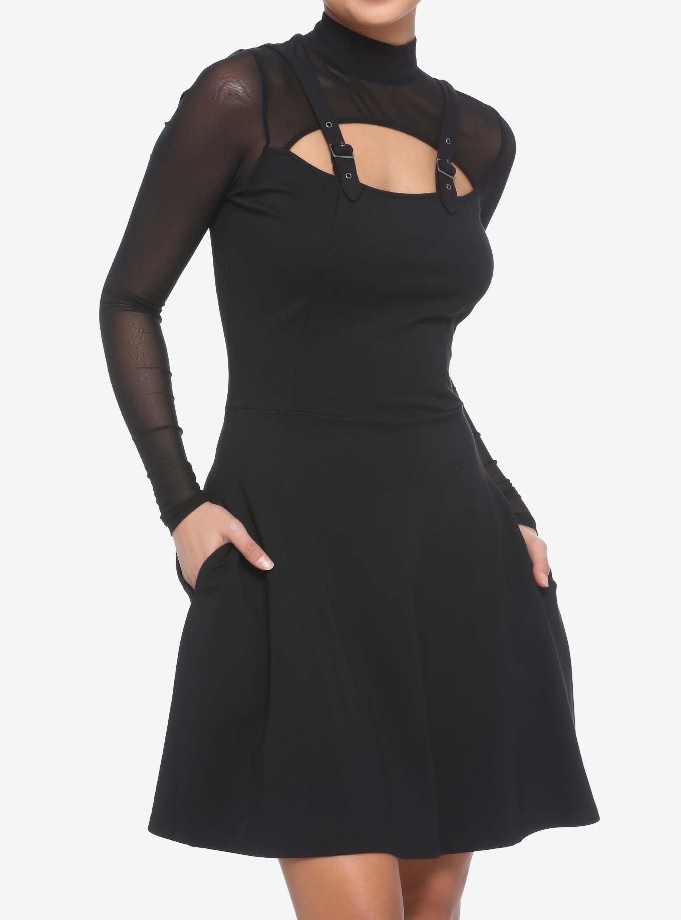 Mesh & Buckle Strap Dress, BLACK, hi-res