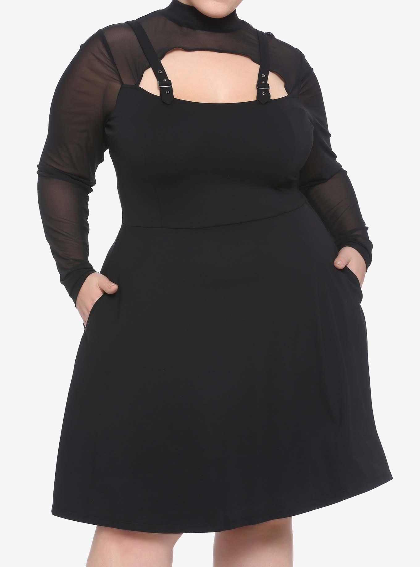 Mesh & Buckle Strap Dress Plus Size, BLACK, hi-res