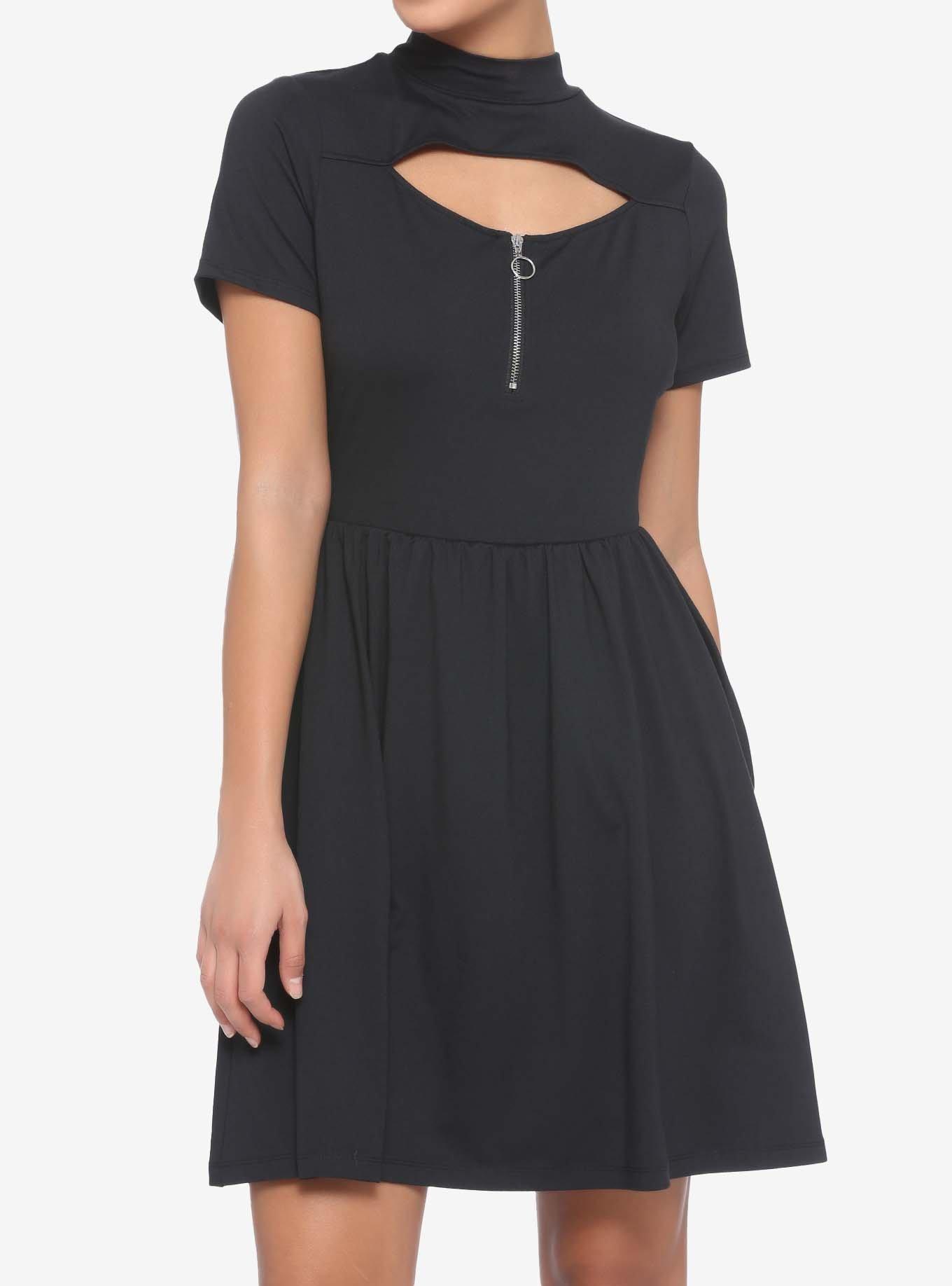 Black Keyhole & Zipper Skater Dress, BLACK, hi-res