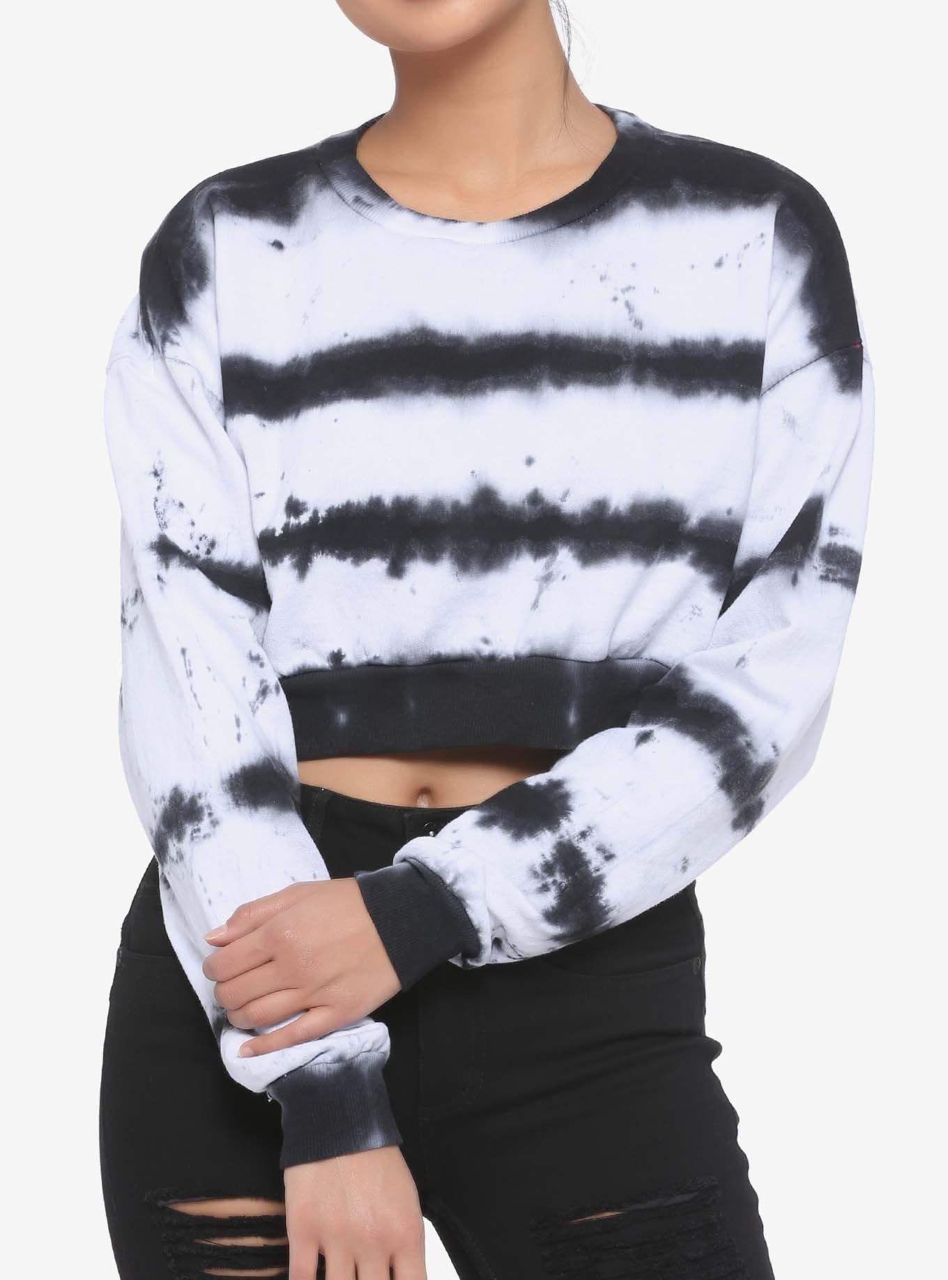 Daisy Street Stripe Tie-Dye Girls Crop Sweatshirt, BLACK STRIPE, hi-res