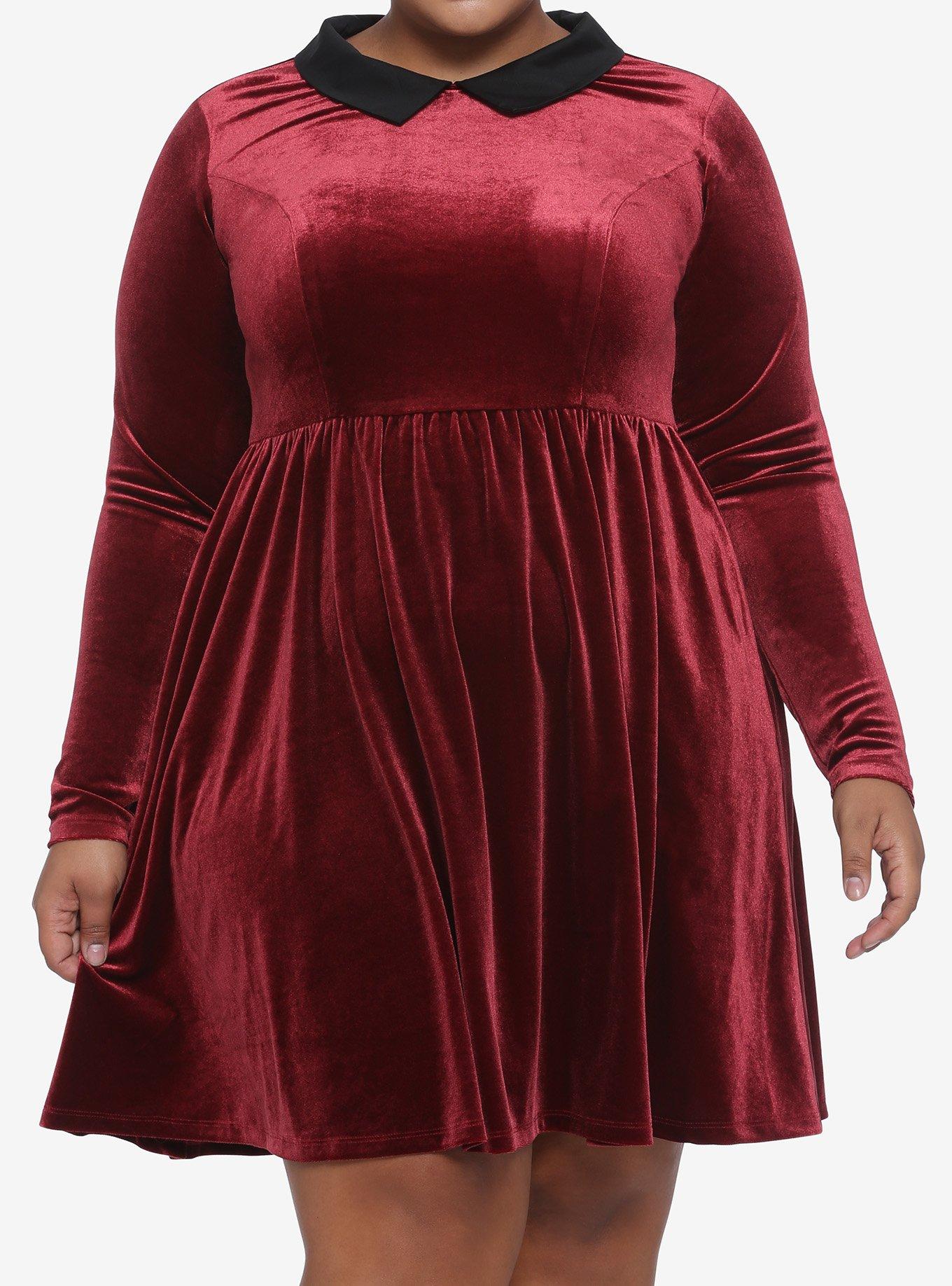 Red Velvet Long-Sleeve Dress Plus Size, BURGUNDY  BLACK, hi-res