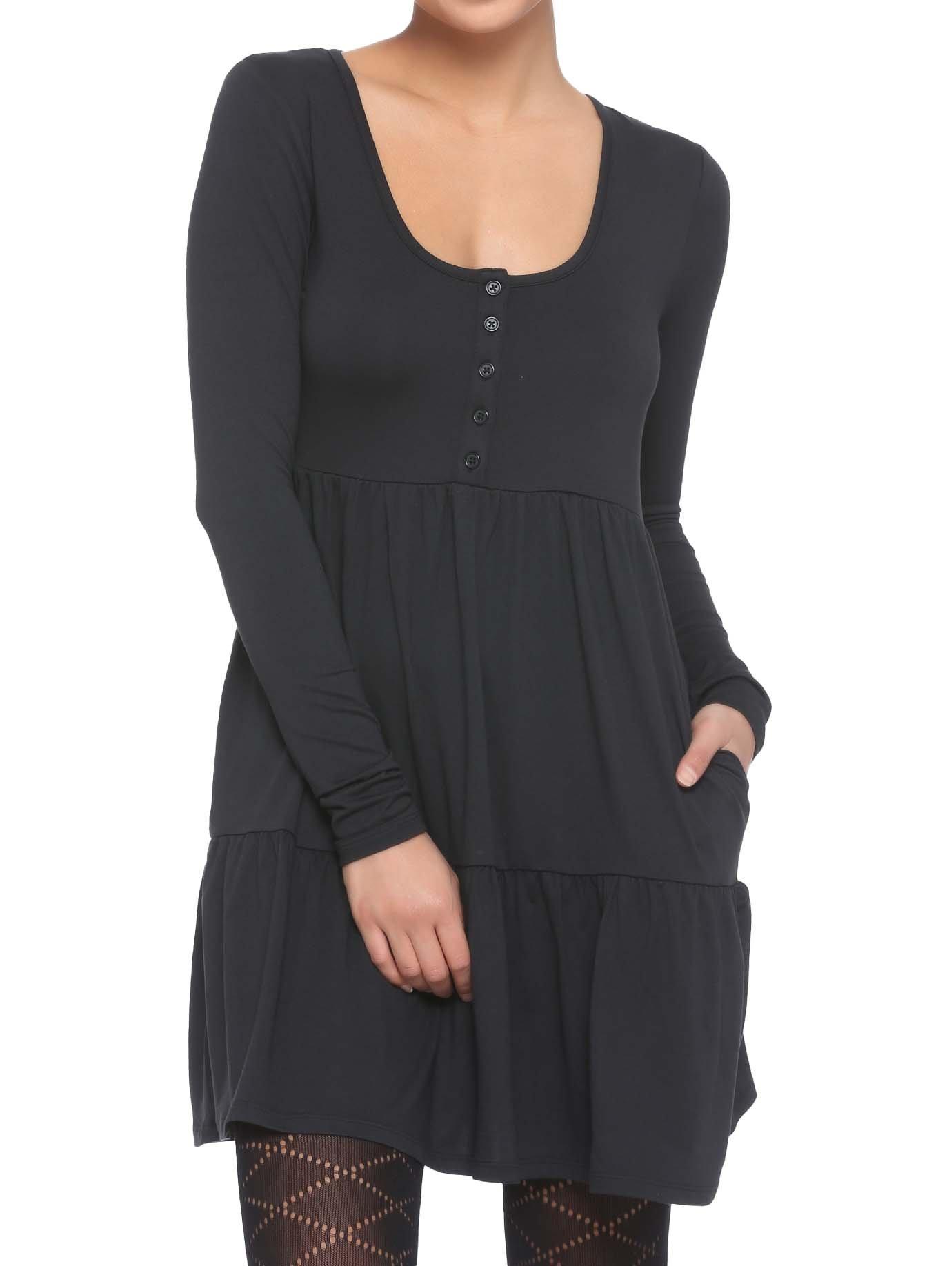 Black Tiered Long-Sleeve Skater Dress, BLACK, hi-res