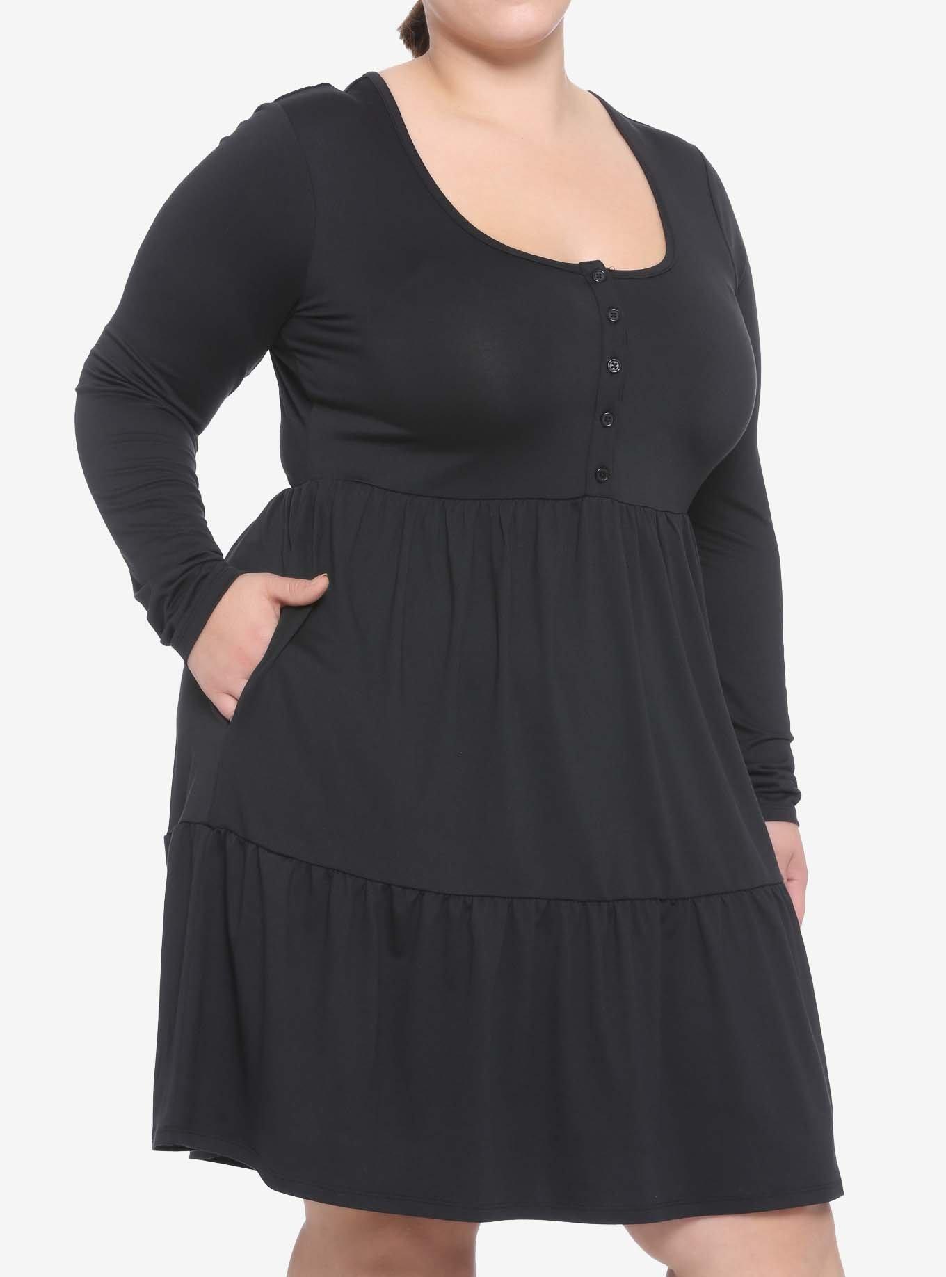 Black Tiered Long-Sleeve Skater Dress Plus Size, BLACK, hi-res