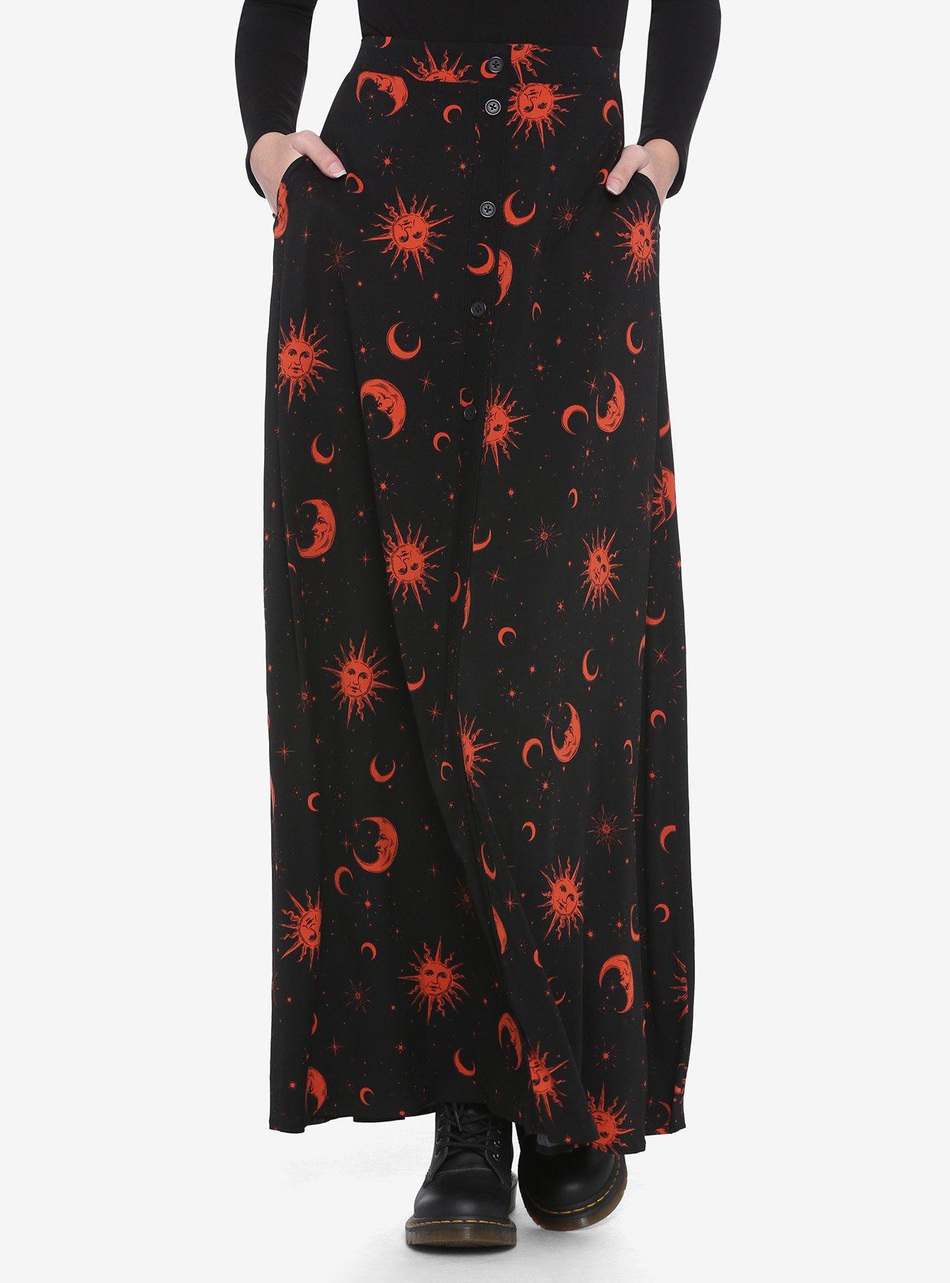 Black & Orange Celestial Maxi Skirt, ORANGE, hi-res