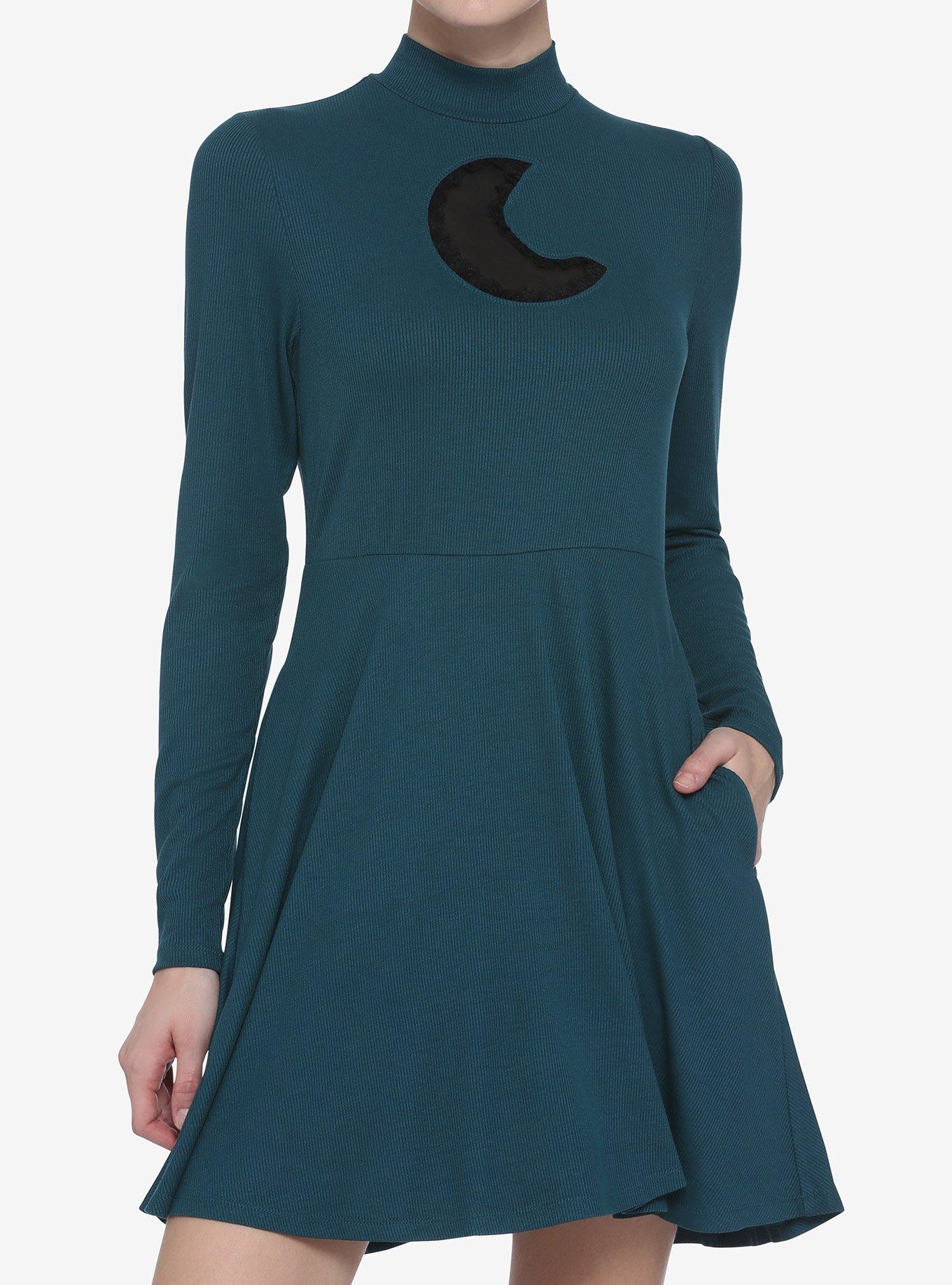 Teal Moon Cutout Mock Neck Long-Sleeve Dress, , hi-res
