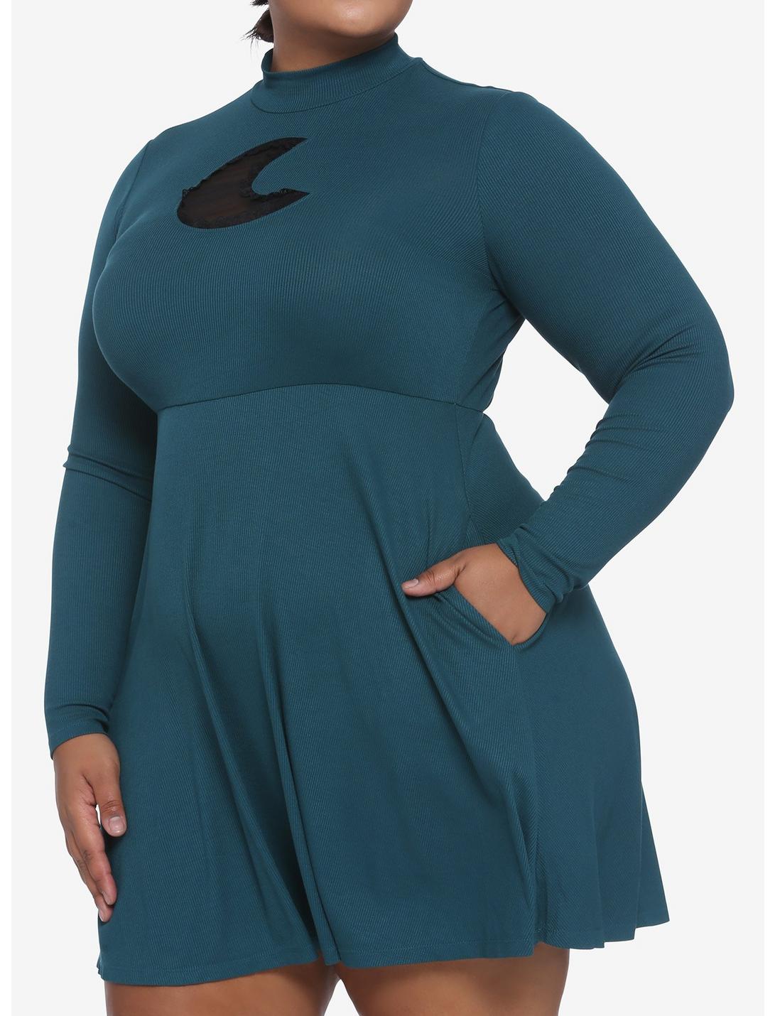 Teal Moon Cutout Mock Neck Long-Sleeve Dress Plus Size, GREEN, hi-res