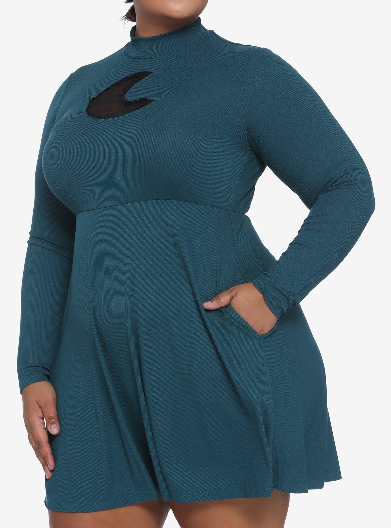 Teal Moon Cutout Mock Neck Long-Sleeve Dress Plus Size, GREEN, hi-res