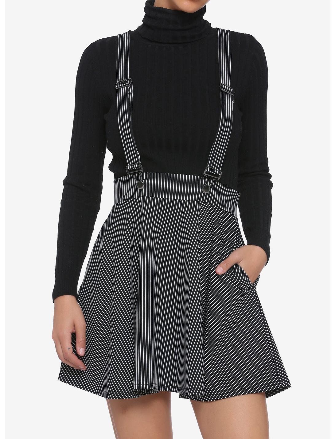 Black & White Pinstripe Suspender Skirt, BLACK  WHITE, hi-res