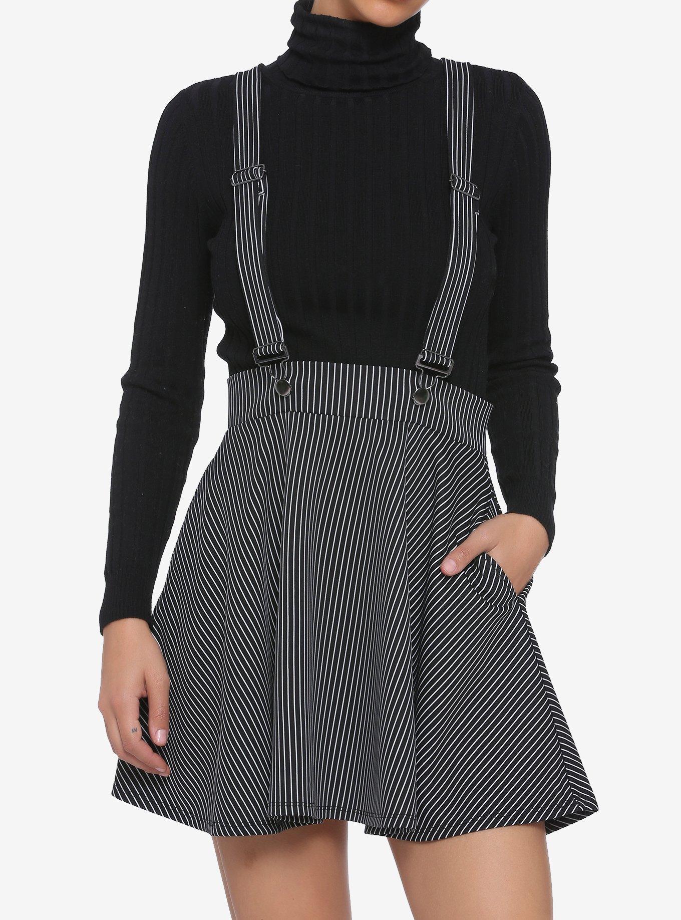 Black & White Pinstripe Suspender Skirt, BLACK  WHITE, hi-res