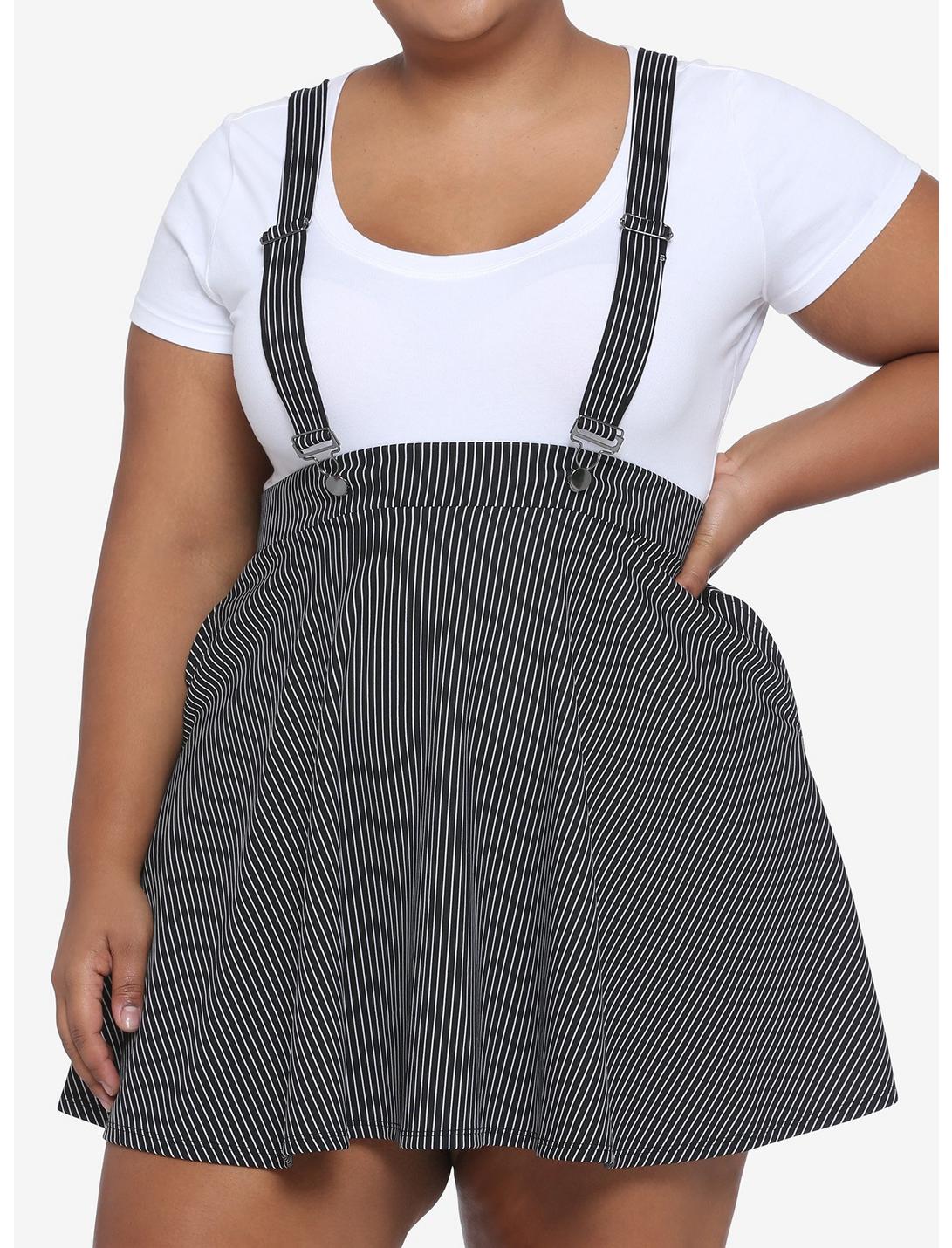 Black & White Pinstripe Suspender Skirt Plus Size, BLACK  WHITE, hi-res