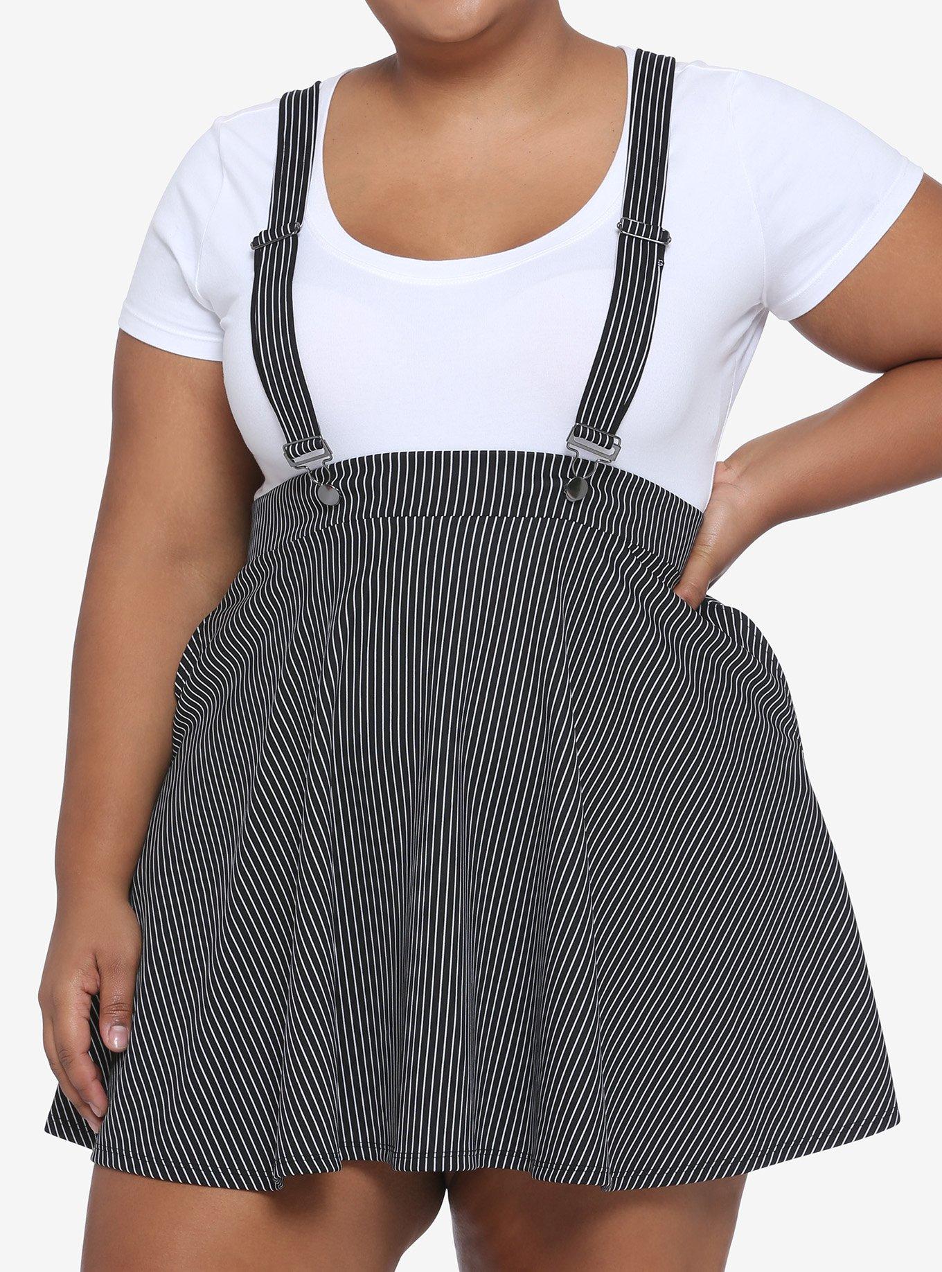 Black & White Pinstripe Suspender Skirt Plus Size, BLACK  WHITE, hi-res