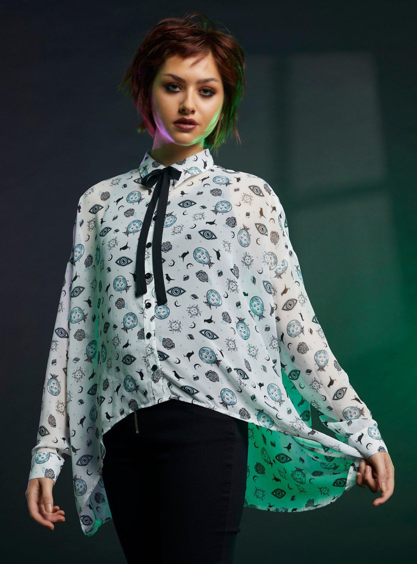 Her Universe Disney The Haunted Mansion Madame Leota Bow Tie Hi-Low Girls Woven Button-Up, BLACK, hi-res