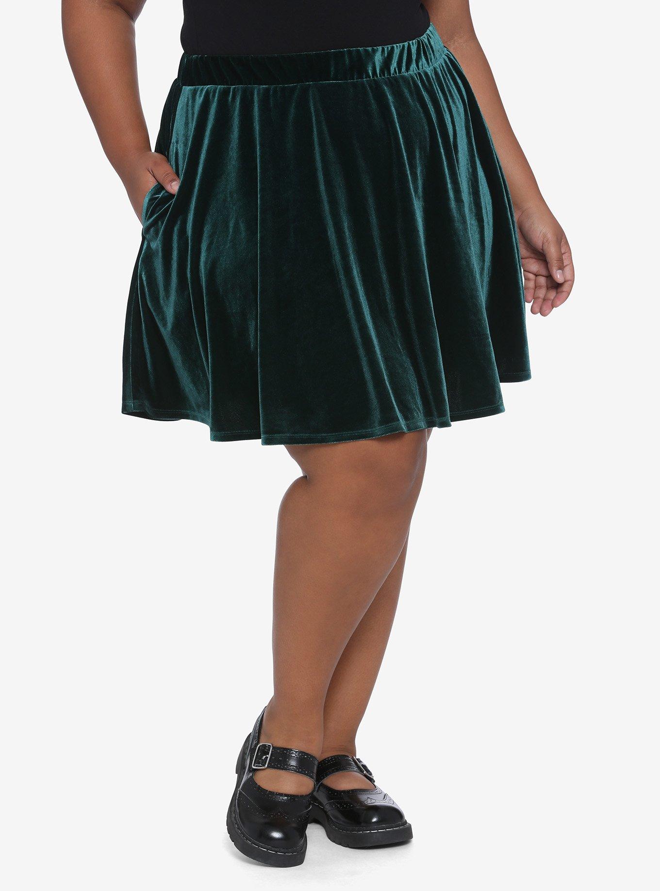 Green Velvet Skater Skirt Plus Size, GREEN, hi-res