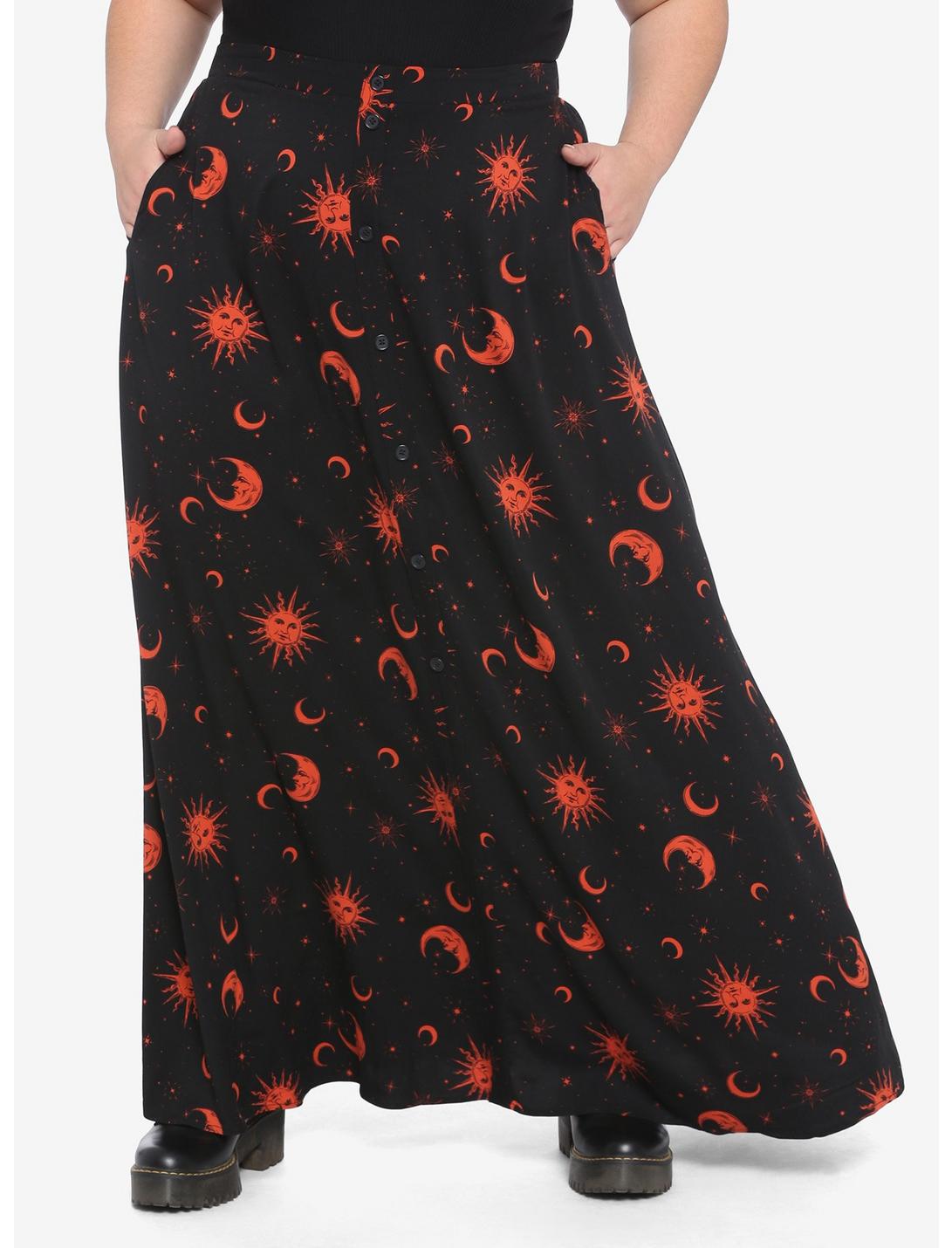 Black & Orange Celestial Maxi Skirt Plus Size, ORANGE, hi-res