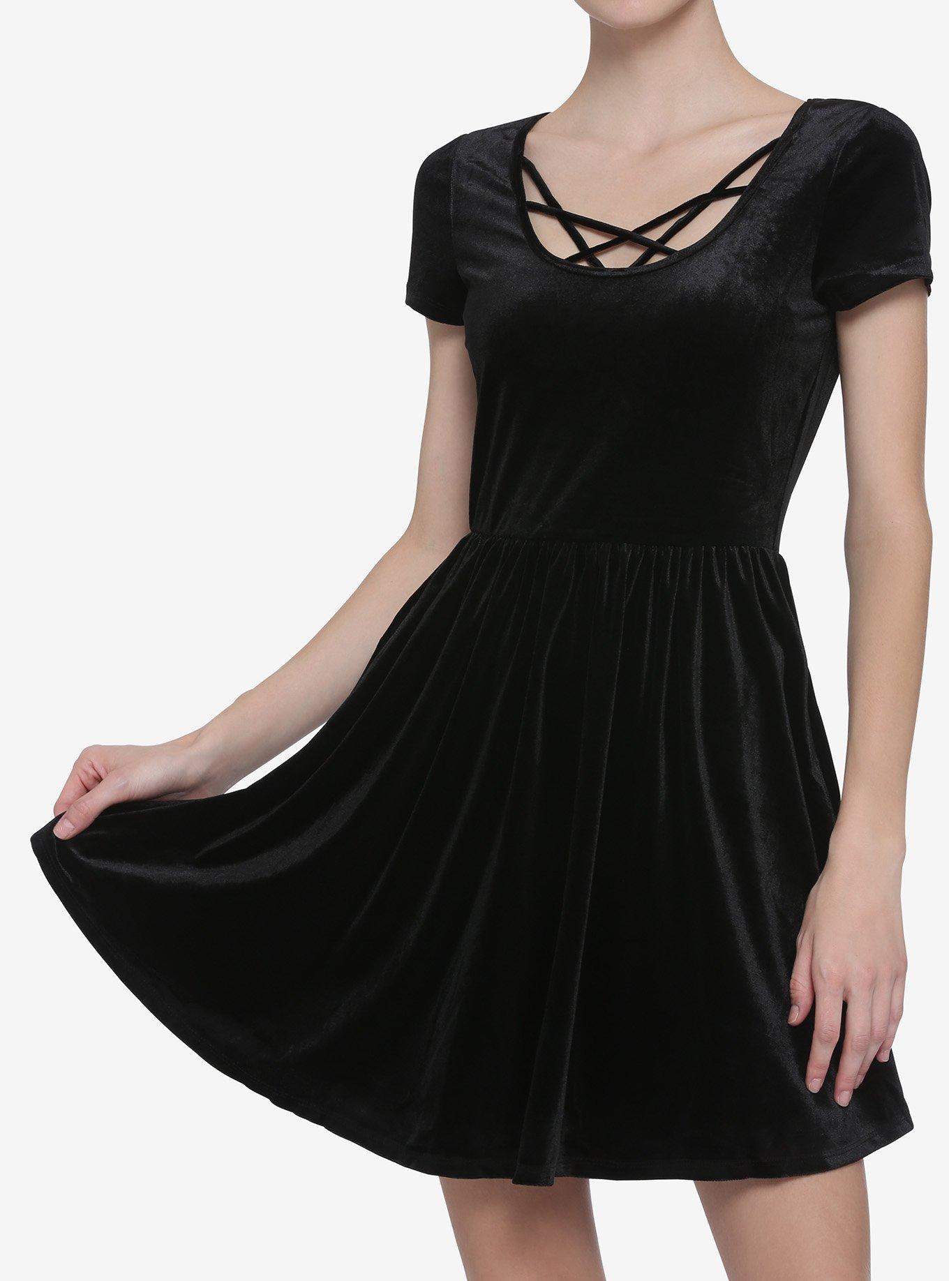 Black Velvet Strappy Skater Dress, BLACK, hi-res