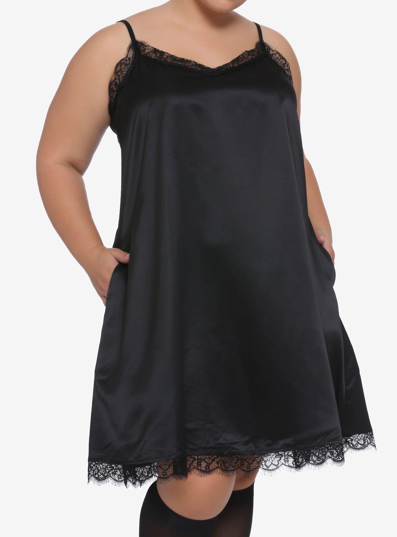 Black Lace Trim Slip Dress Plus Size, BLACK, hi-res