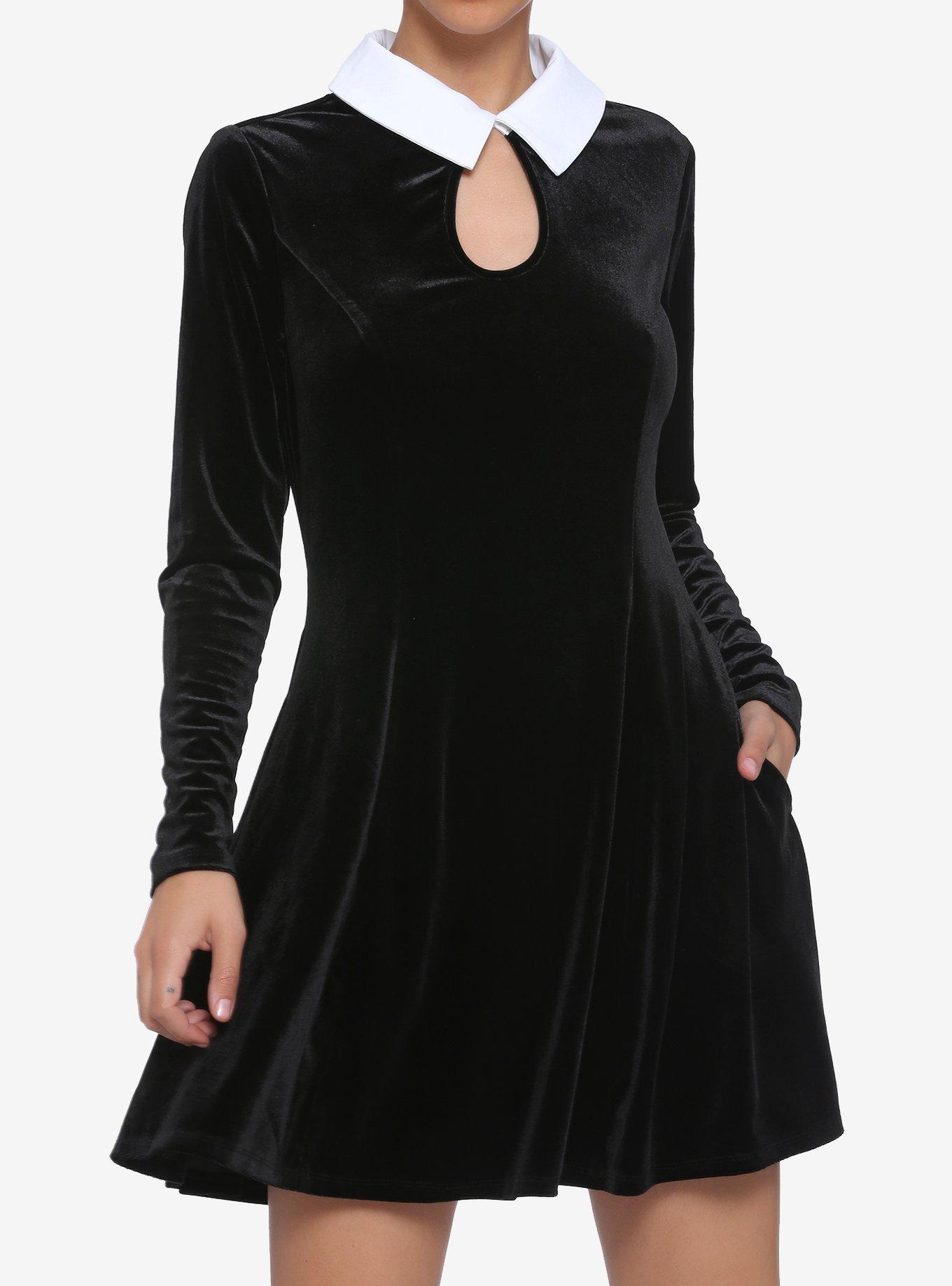 Black Velvet Keyhole Long-Sleeve Dress, BLACK  WHITE, hi-res