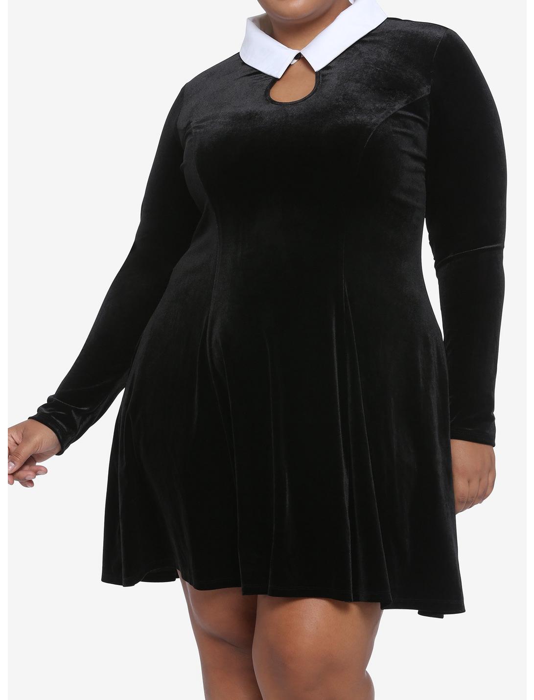 Black Velvet Keyhole Long-Sleeve Dress Plus Size, BLACK  WHITE, hi-res