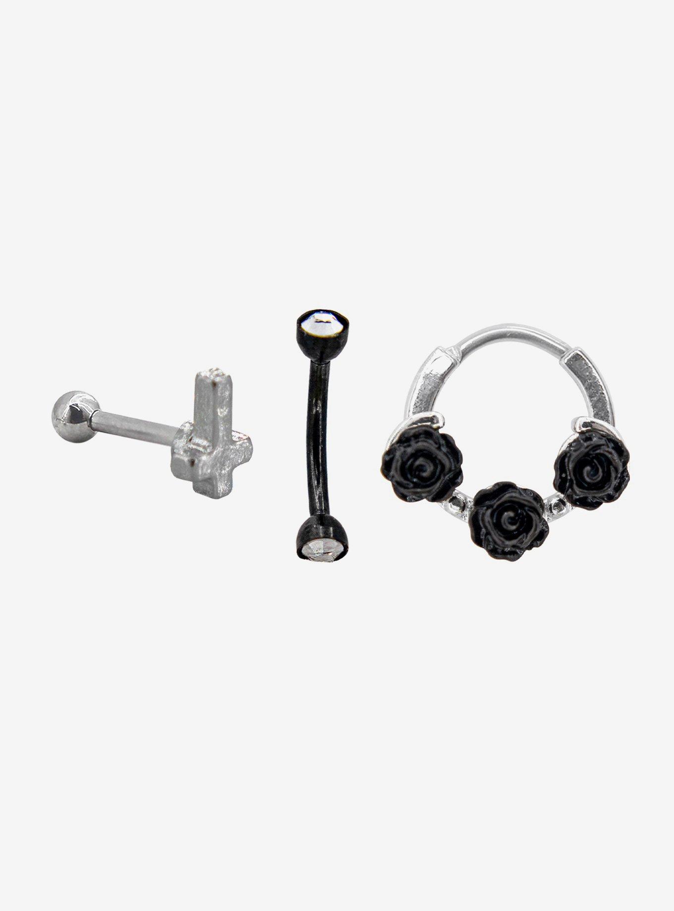 Steel Silver Cross Black Rose Labret Stud Circular Barbell Hinged Hoop 3 Pack, MULTI, hi-res