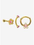 Steel Gold Pink Sakura Labret Stud Curved Barbell & Hinged Hoop 3 Pack, MULTI, hi-res