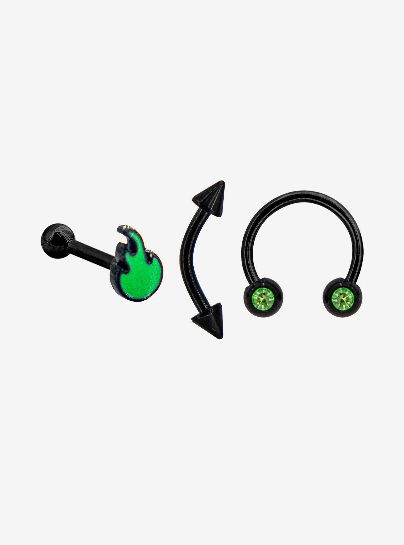 Steel Black Green Flame Labret Stud Circular Barbell 3 Pack, MULTI, hi-res