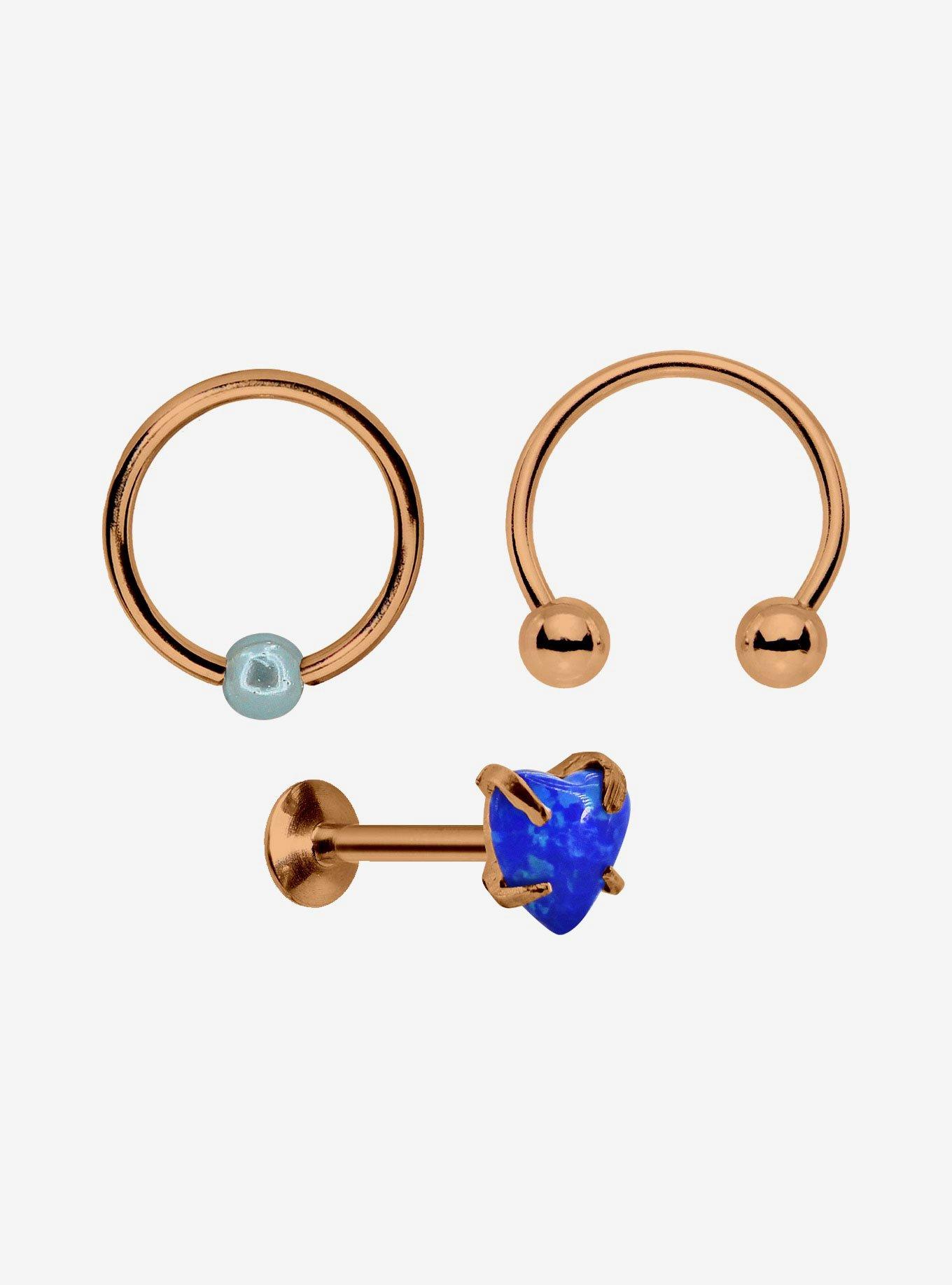 Steel Gold Blue Heart Labret Stud Circular Barbell & Captive Hoop 3 Pack, MULTI, hi-res