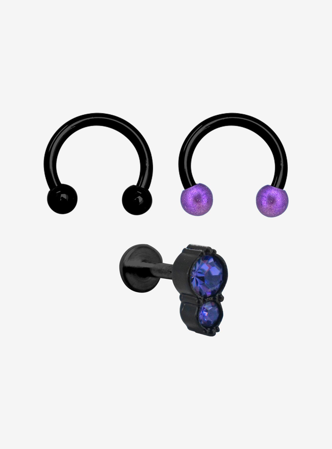 Steel Black Purple Labret Stud & Circular Barbell 3 Pack | Hot Topic