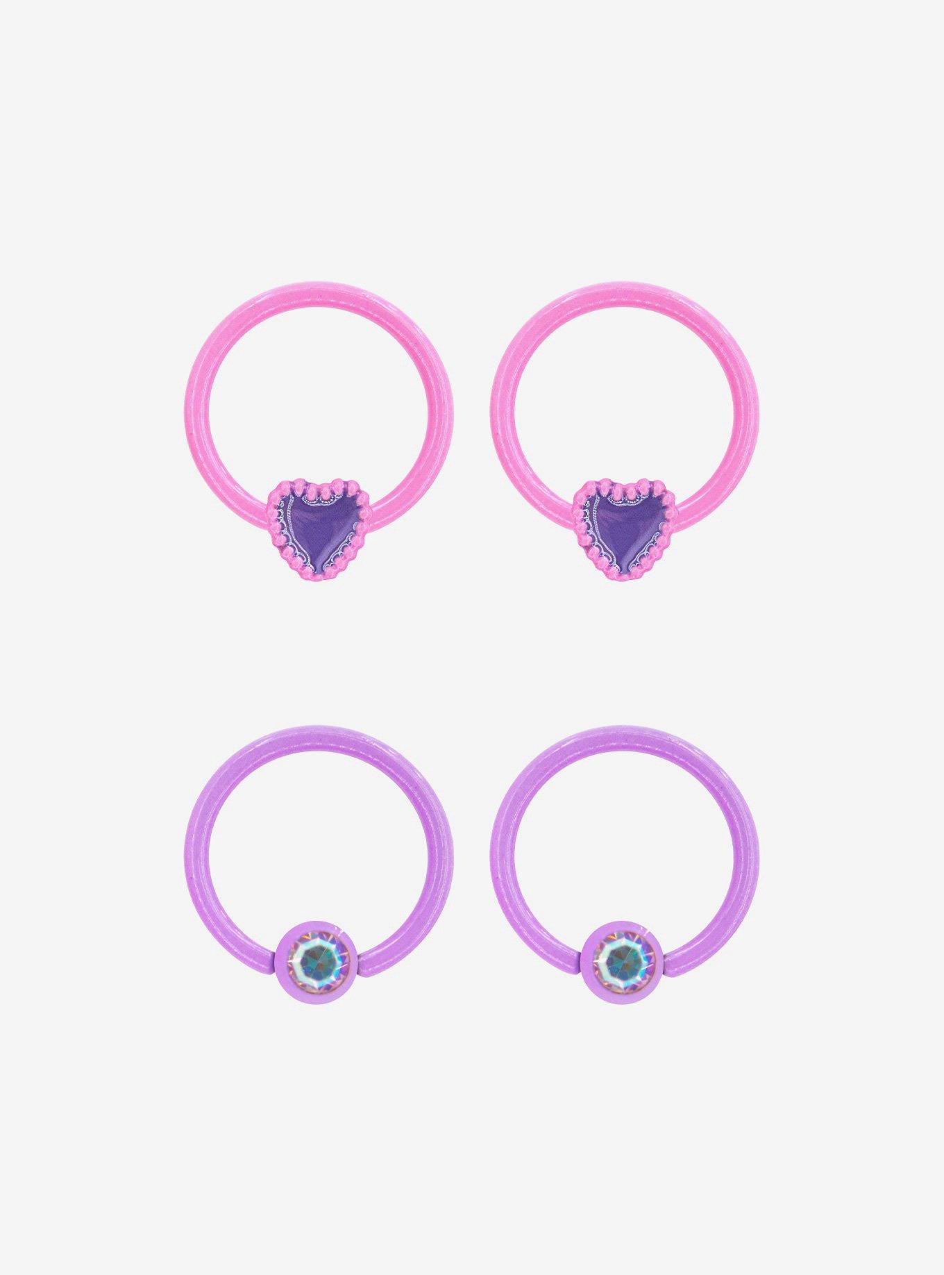 Steel Purple & Pink Heart Captive Hoop 4 Pack, MULTI, hi-res