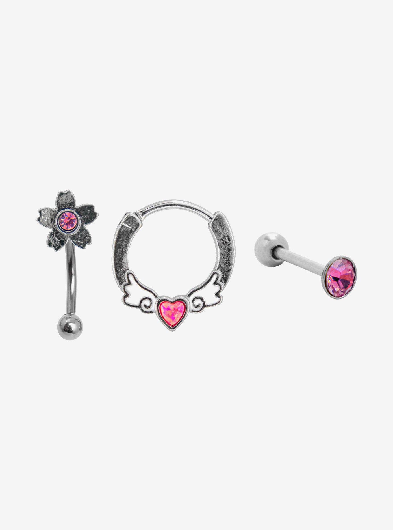 Steel Pink CZ Sakura Labret Stud Circular Barbell & Hinged Hoop 3 Pack, MULTI, hi-res