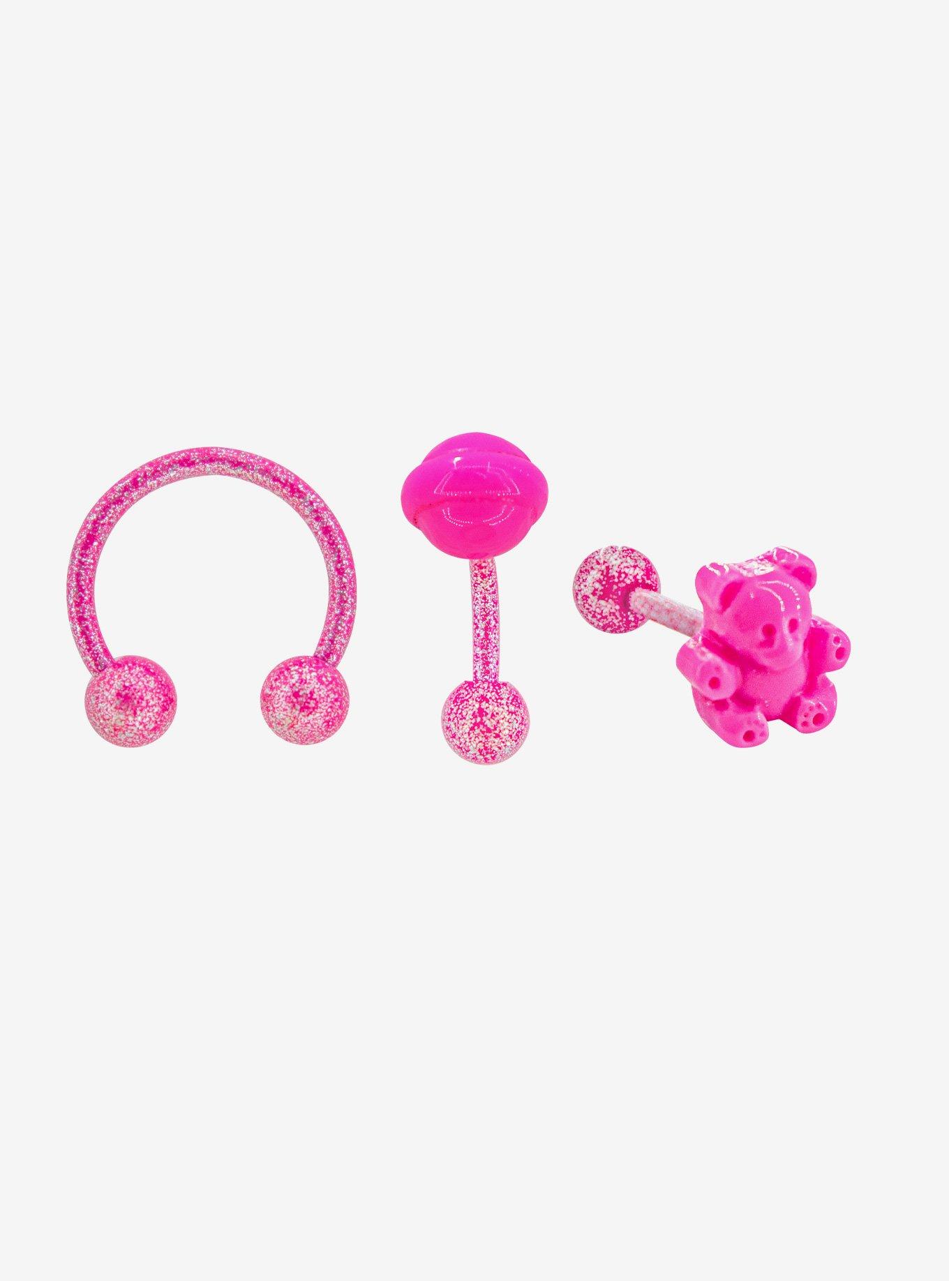Steel Pink Bear Sparkle Labret Stud & Circular Barbell 3 Pack, MULTI, hi-res