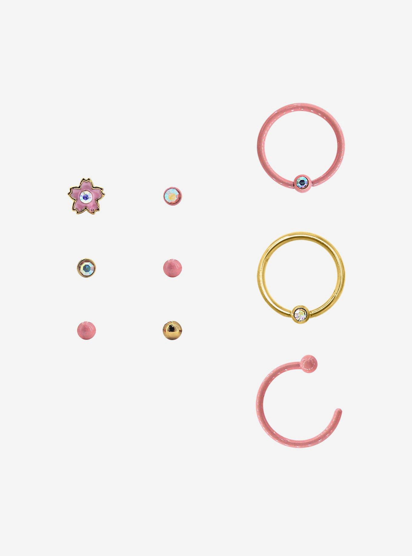 Steel Pink Gold Sakura Nose Stud & Hoop 9 Pack, MULTI, hi-res